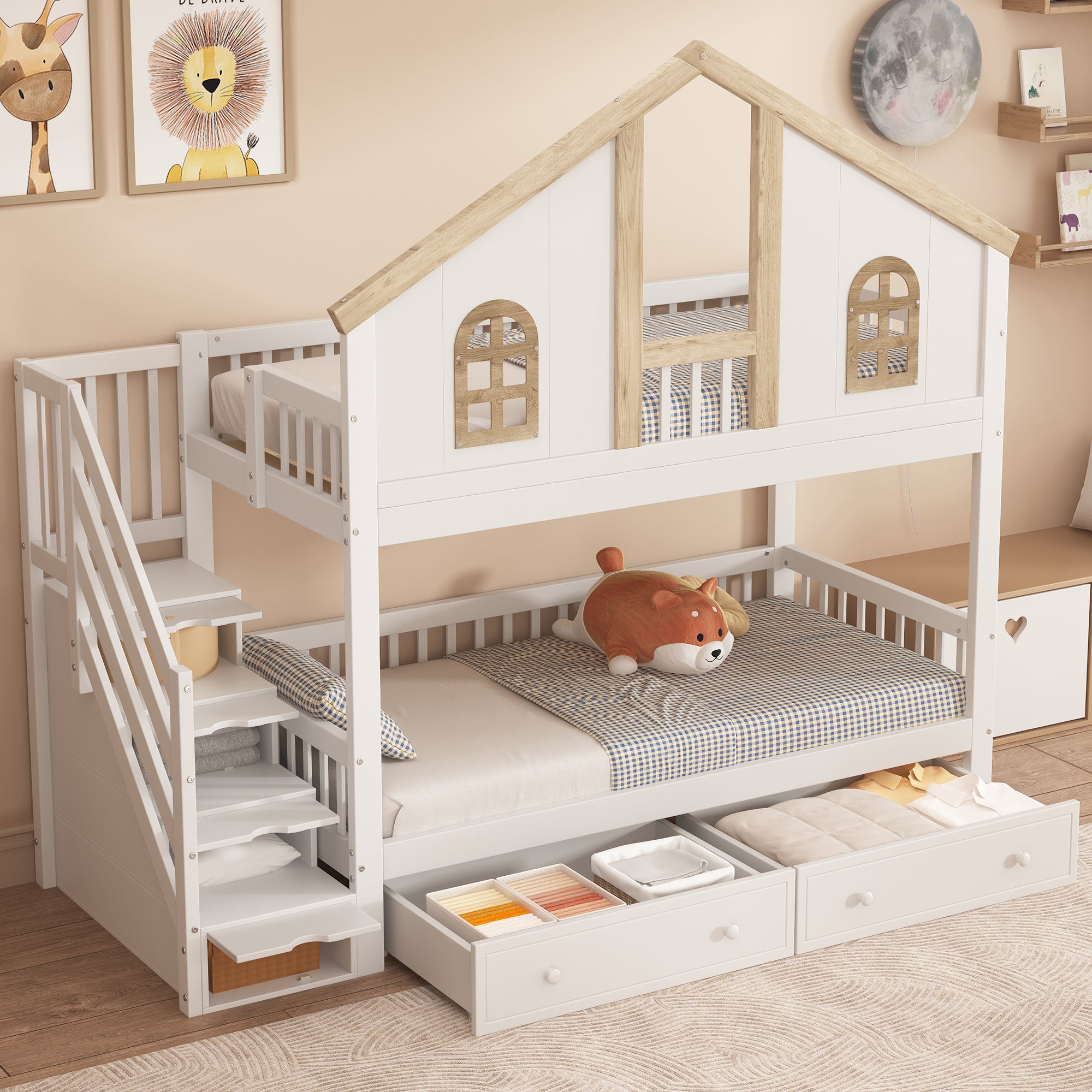 Bunk Bed, Children's with Safety Gate, Drawers & Storage Stairs, Pine+MDF, White+Natural