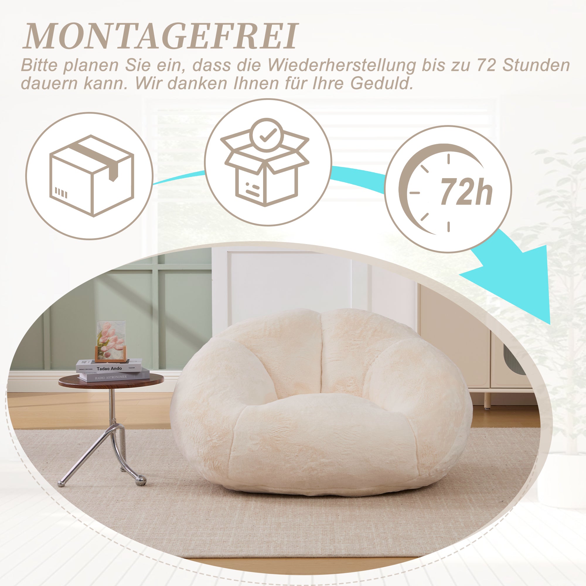 Soft Plush Beanbag Sofa with Non-Slip Base and Memory Foam, White Artificial Rabbit Fur