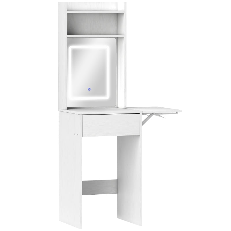 Small Vanity Desk with LED Lights, Drop Leaf, Shelves and Drawer, White