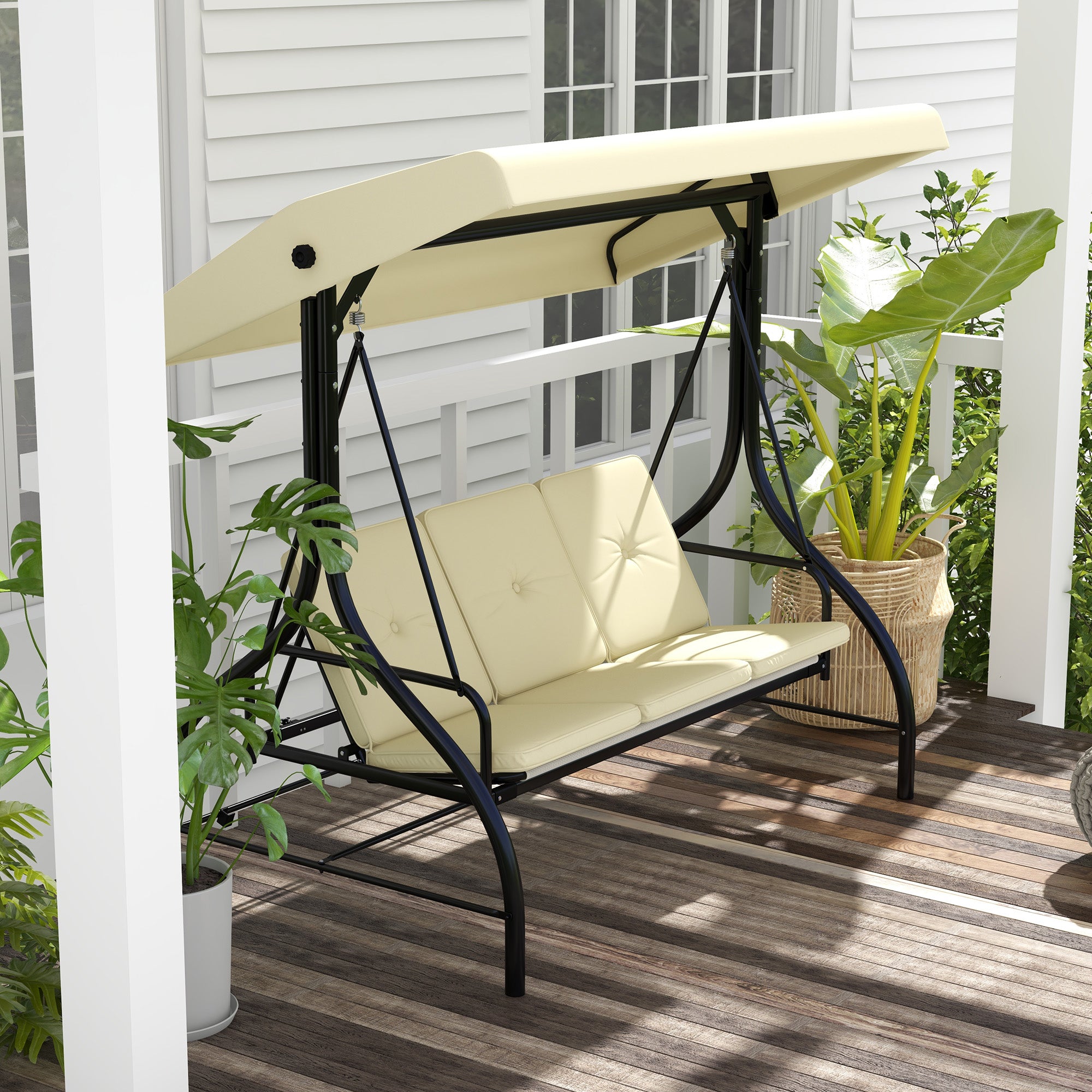 Porch Swing, 2-in-1 Reclining 3-Seater with Adjustable Sunroof, 240 kg, Beige
