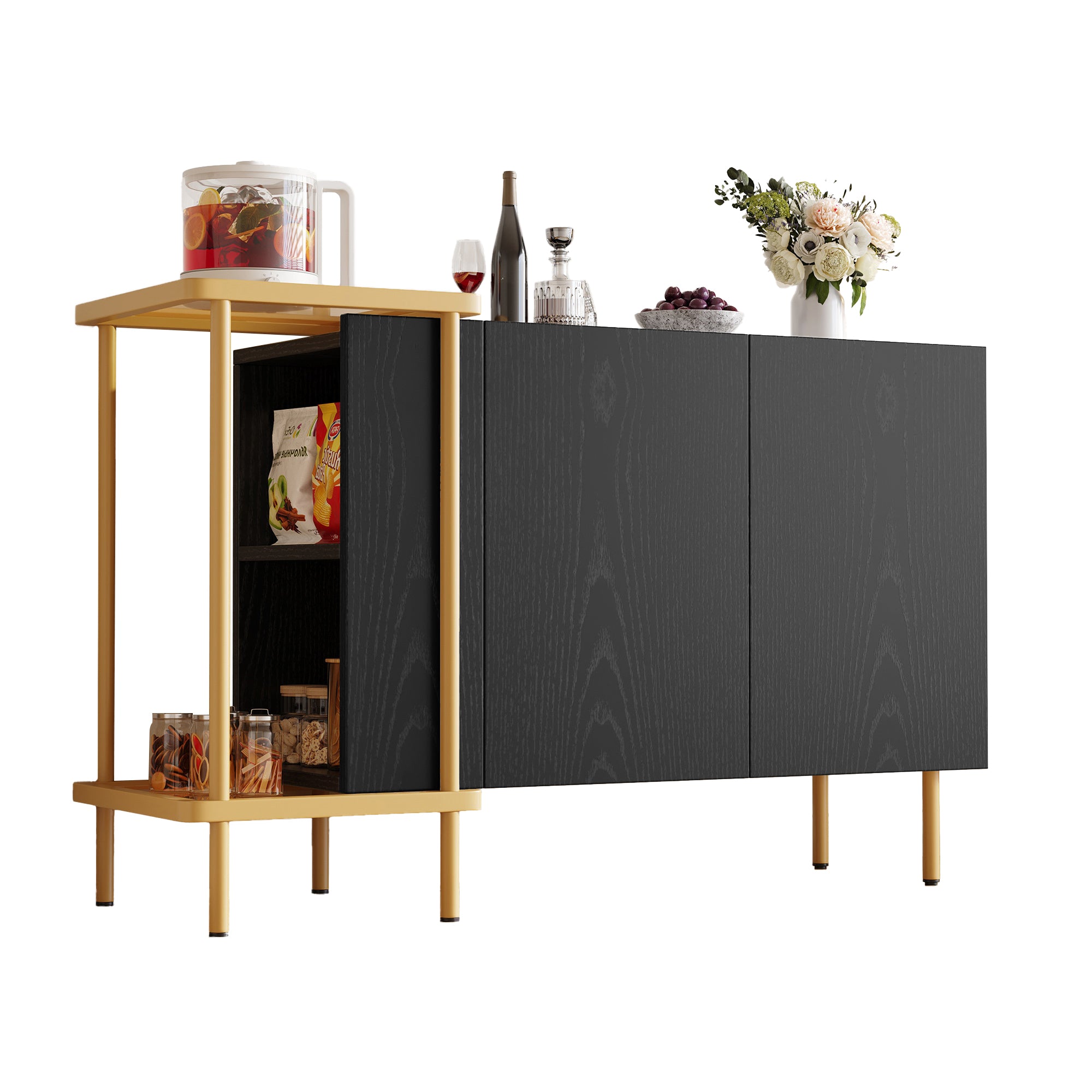 Sideboard Cabinet, 2 Doors & 2 Open Compartments, Metal/Glass, Black