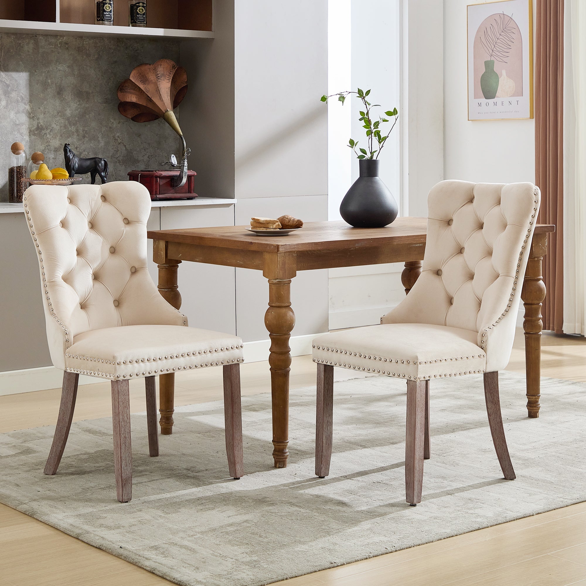 Modern Set of 6 Upholstered Velvet Dining Chairs, Button Tufted with Brushed Wood Legs, Riveted Trim, and Knocker Ring, Beige