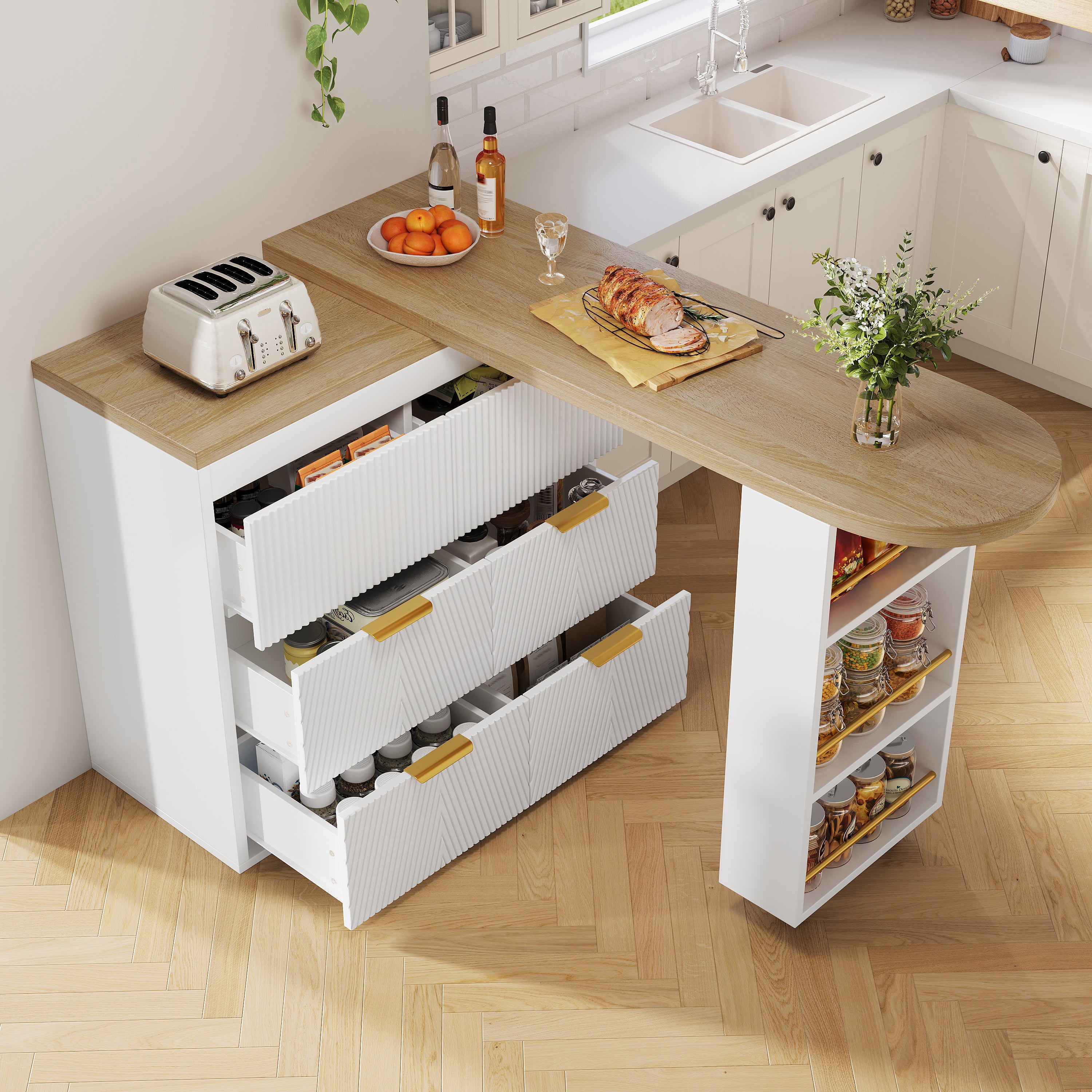 Multifunctional Bar Table with 6 Drawers and 360 Degree Rotation, White