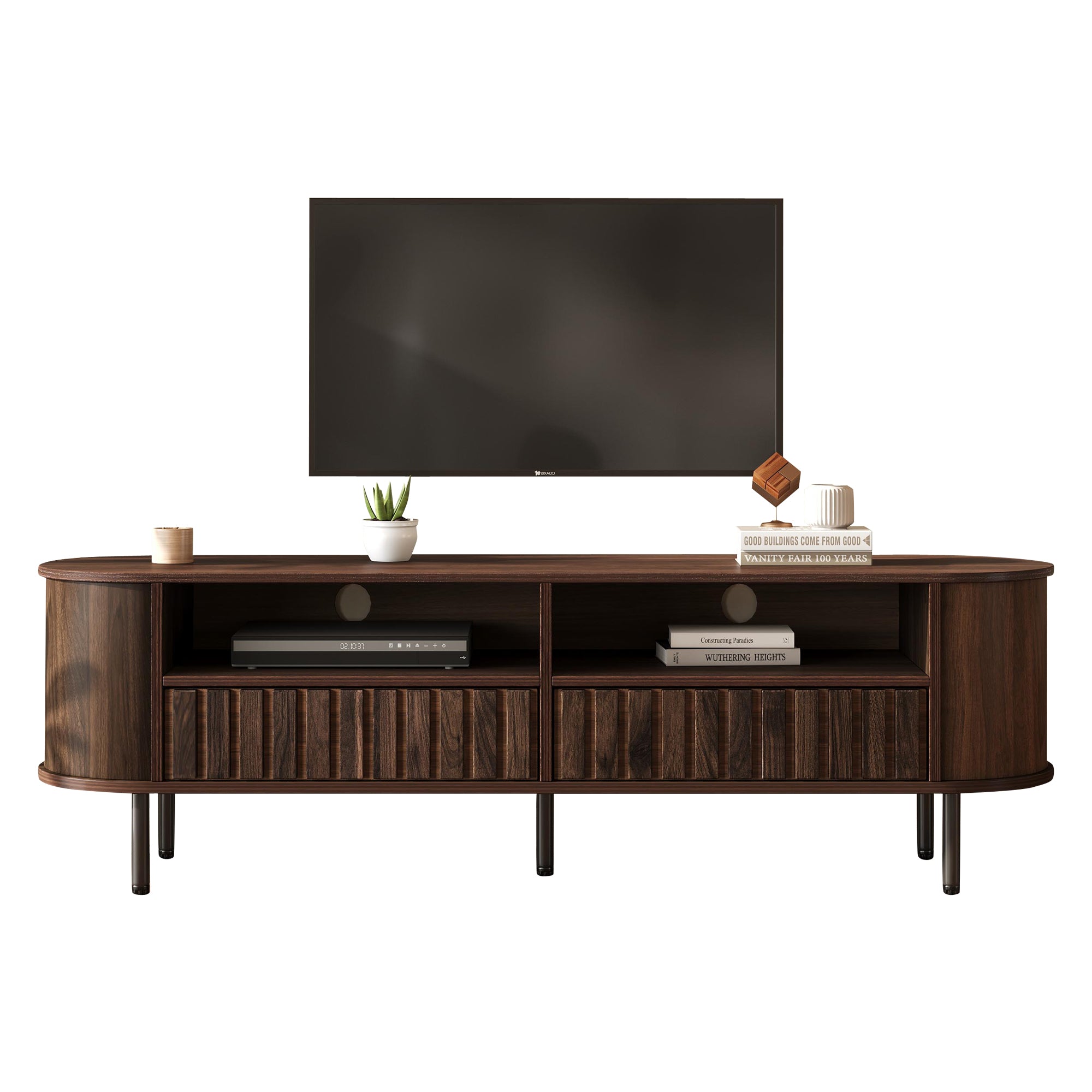 TV Cabinet Lowboard with 2 Cabinets & 2 Drawers, for up to 65" TV, Walnut-colored MDF