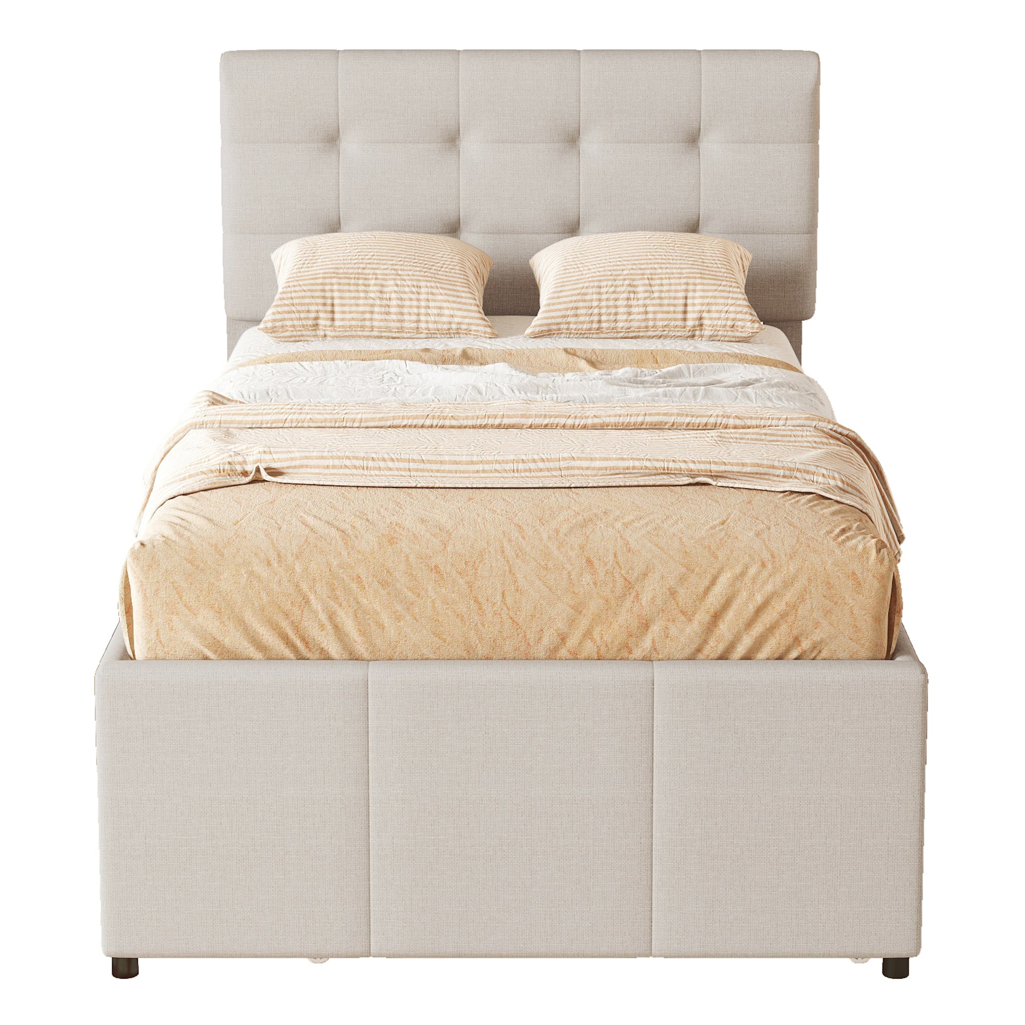 Upholstered Bed 90x200cm with 3 Drawers, Pull-out Trundle Bed, Adjustable Headboard, Beige