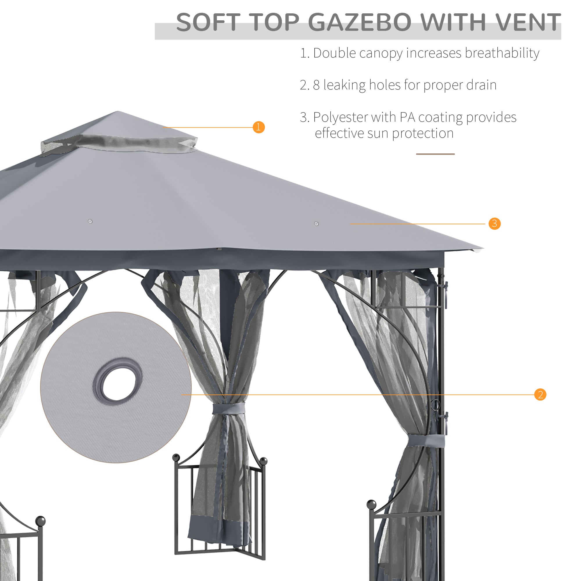 Garden Gazebo 3x3m Double Tier Metal Frame Netting, Light Grey