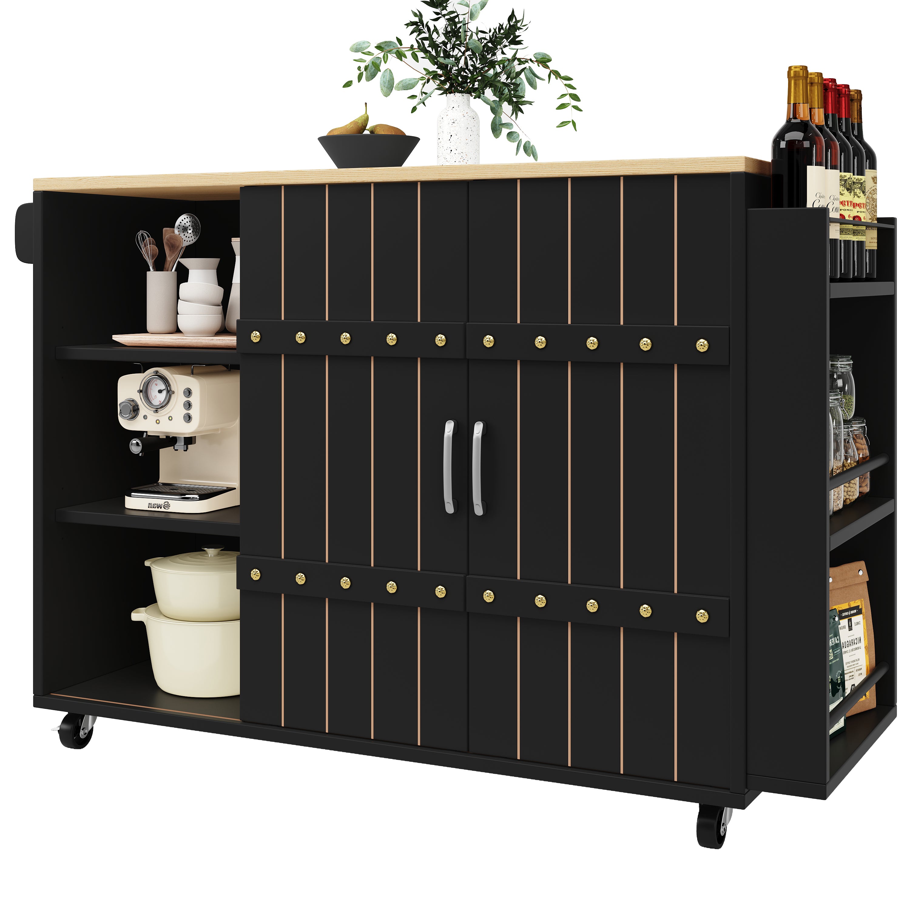Kitchen Serving Cart Mobile Island with Worktop Sliding Doors Drawers Spice Rack Black