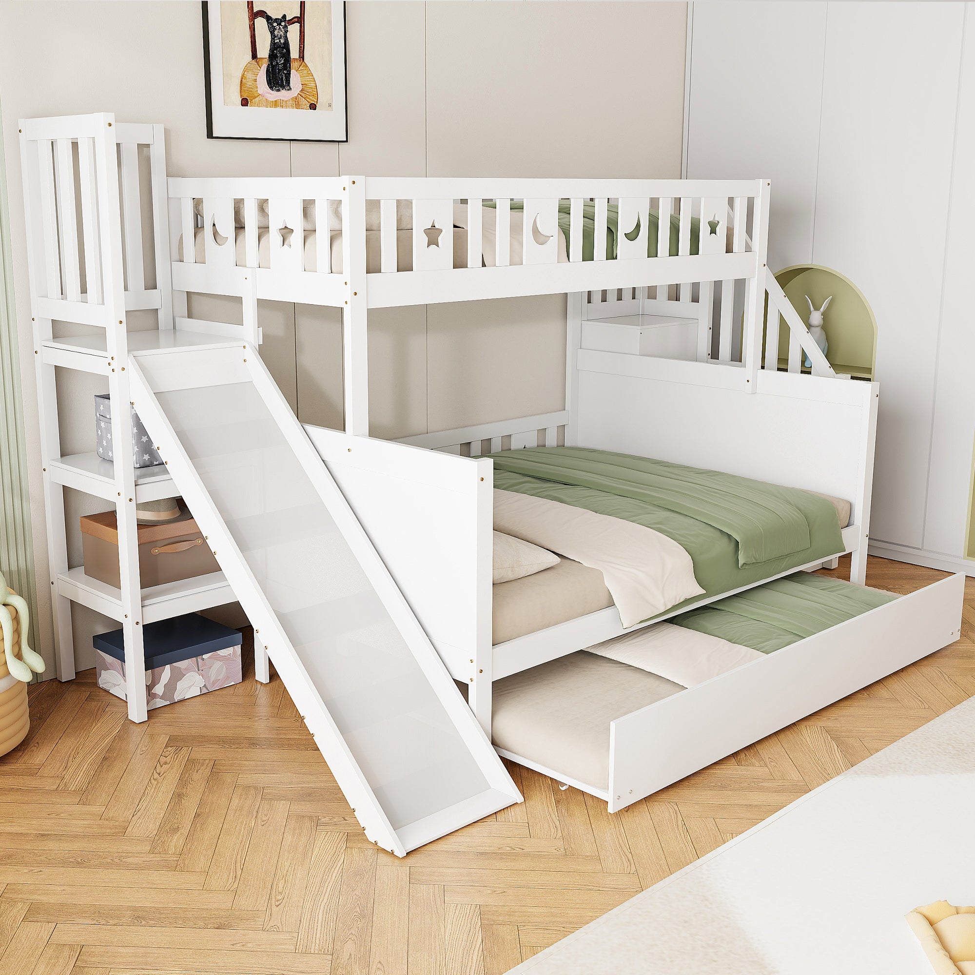 Children's Bed, Bunk with Slide, Shelf, Trundle & Slatted Frame, Solid Wood, White