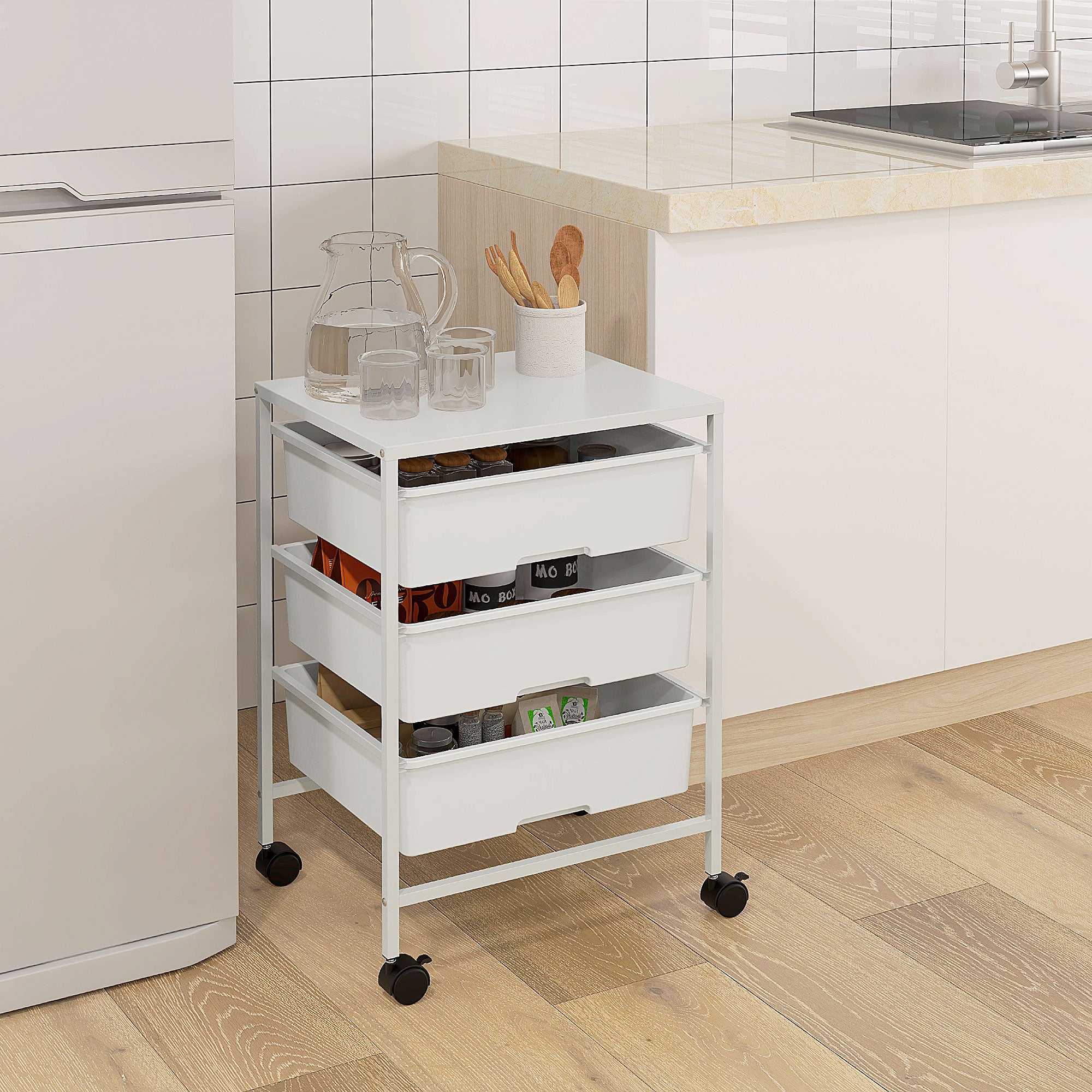 Rolling Cart, 3 Tiers, Handles, Storage, White
