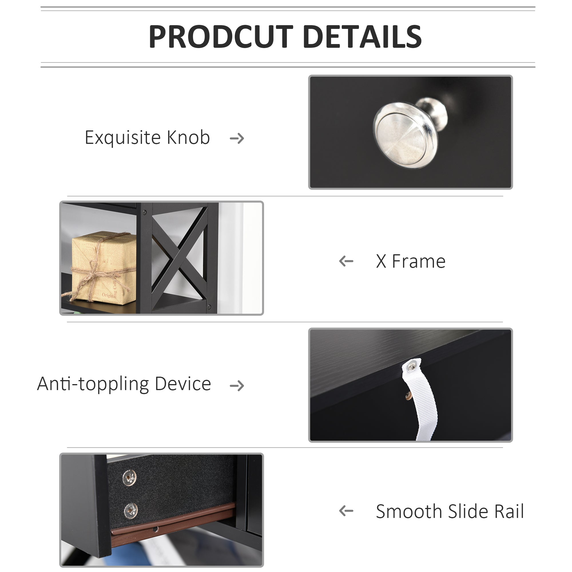 Console Table with Shelves, Drawers, and X Support Frame, Black