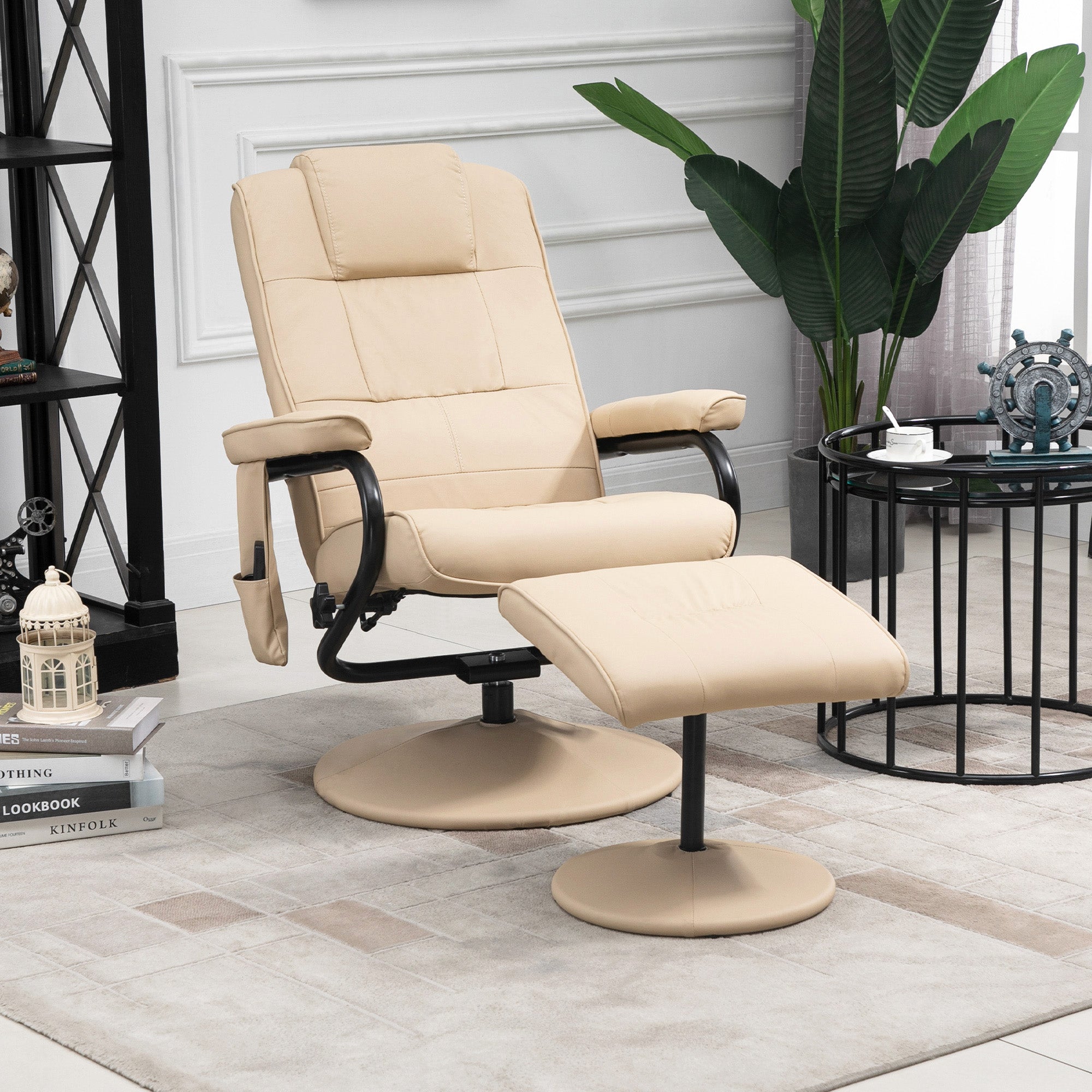 Reclining Massage TV Chair & Footstool, Faux Leather, Cream White