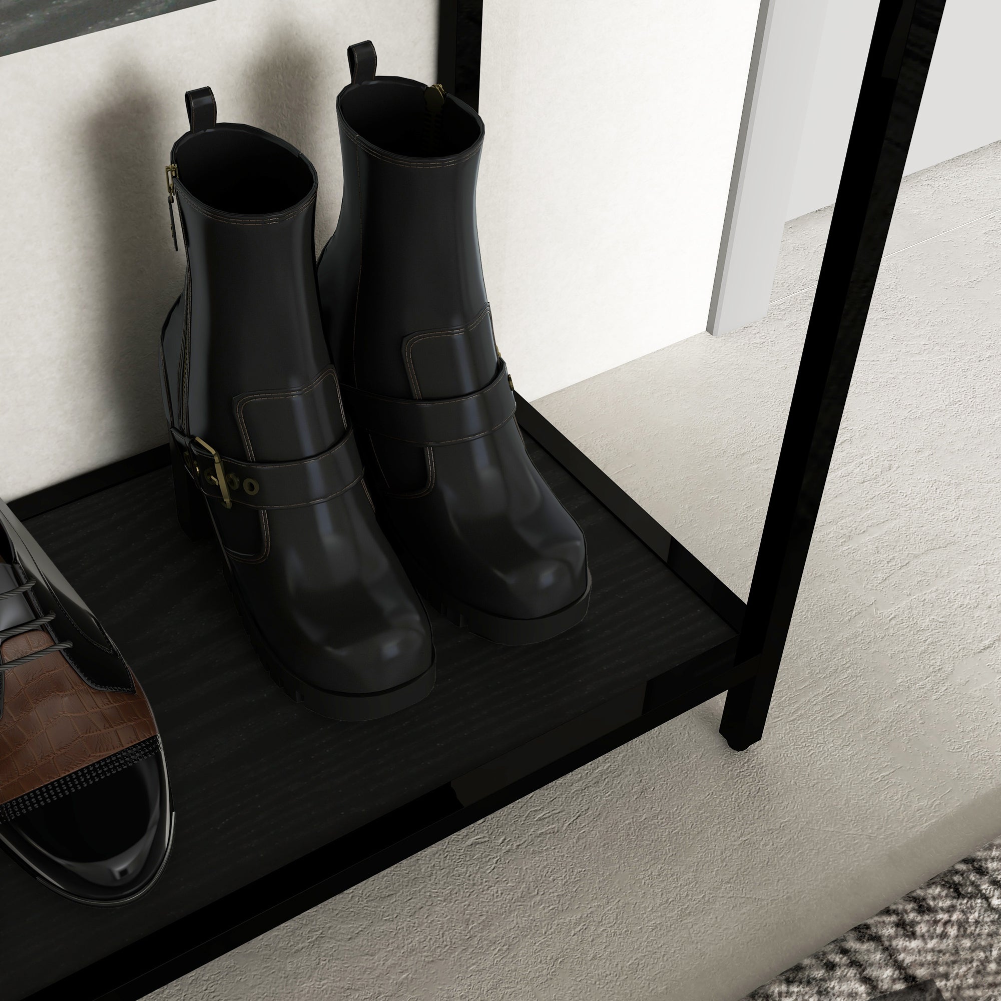 Console Table, 2 Shelves Glass Top, Steel Black