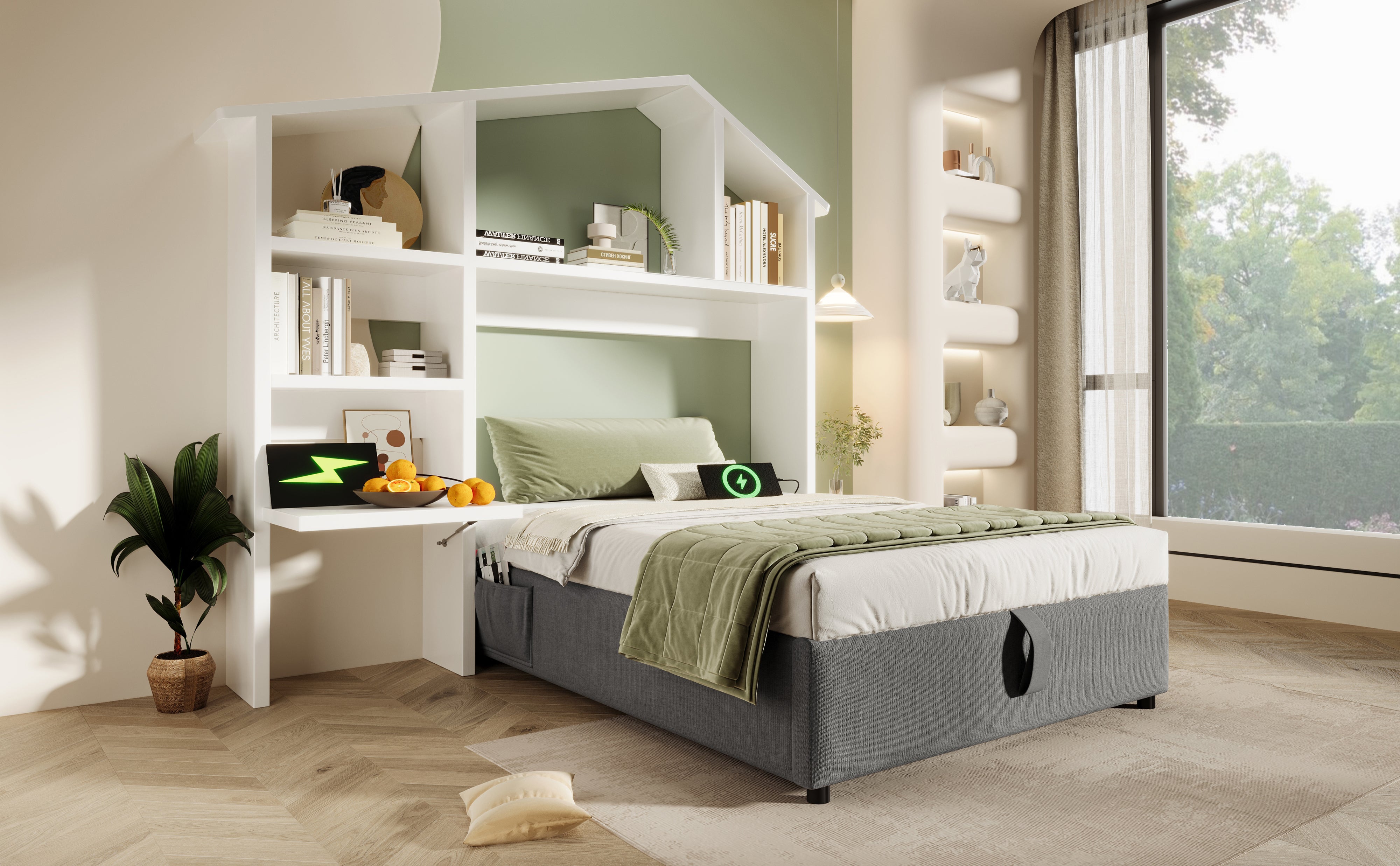 Children's Upholstered Bed, 90x200 cm, with Bookcase, Hydraulic Storage, USB-C, Single, Grey Linen