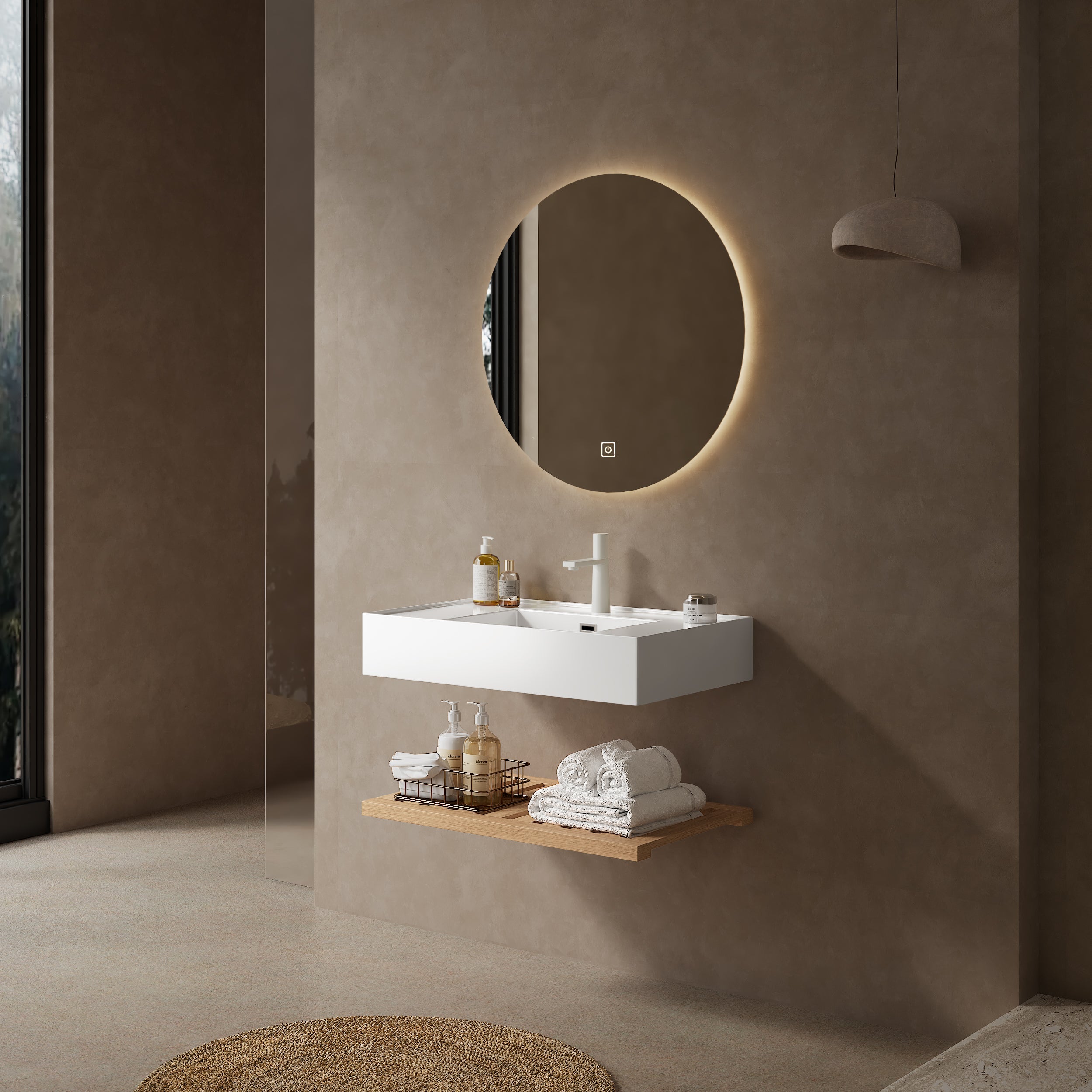 LEDE 75cm Bathroom Cabinet Sink, Vanity Unit with White Rectangular Acrylic Basin, Natural Wood Grain