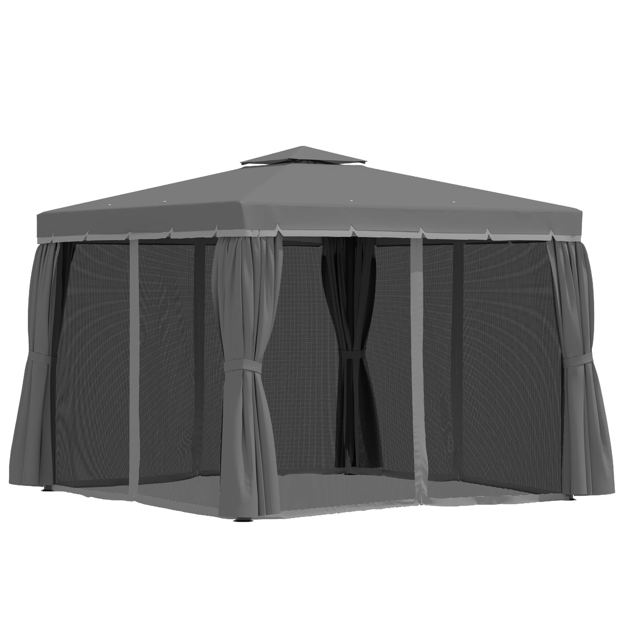Patio Gazebo 3x3m with 2-Tier Roof, Mosquito Netting, Curtains, Aluminium Frame, Dark Grey