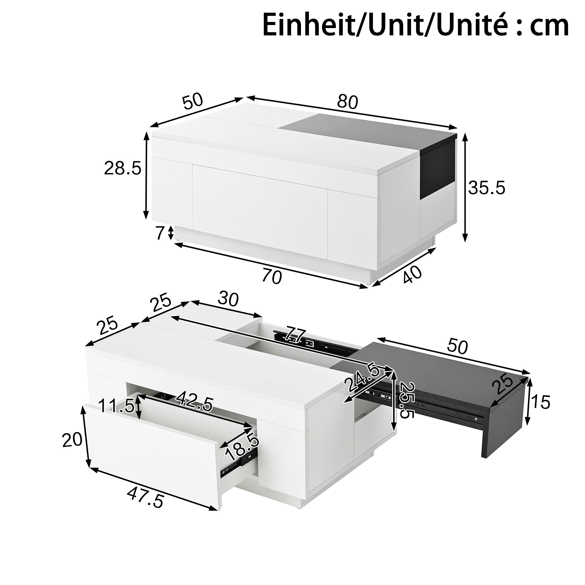 Coffee Table with LED Lighting, Extendable Tabletop, Storage - Black and White