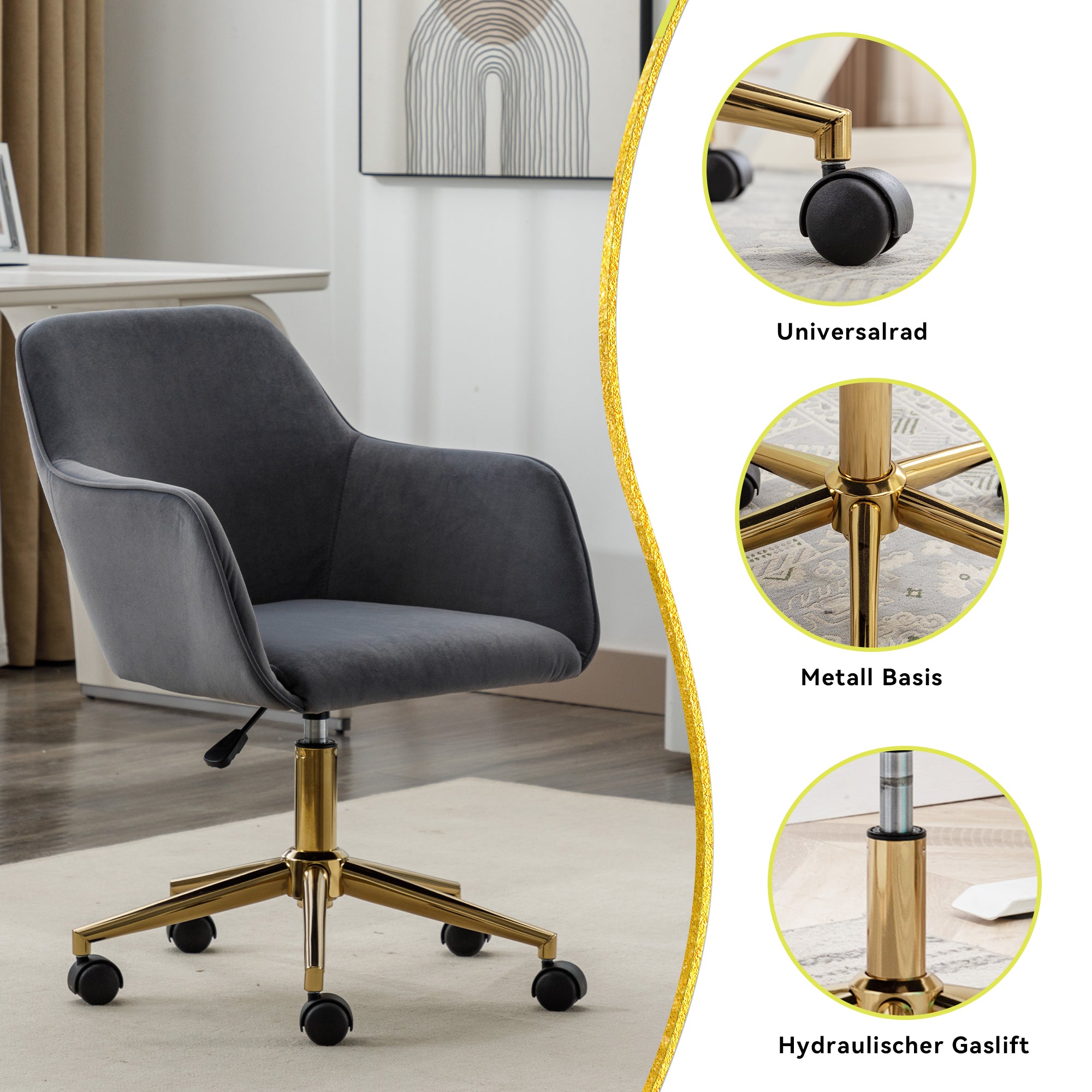 Velvet Swivel Chair, Height-Adjustable for Office Use, Grey with Golden Legs