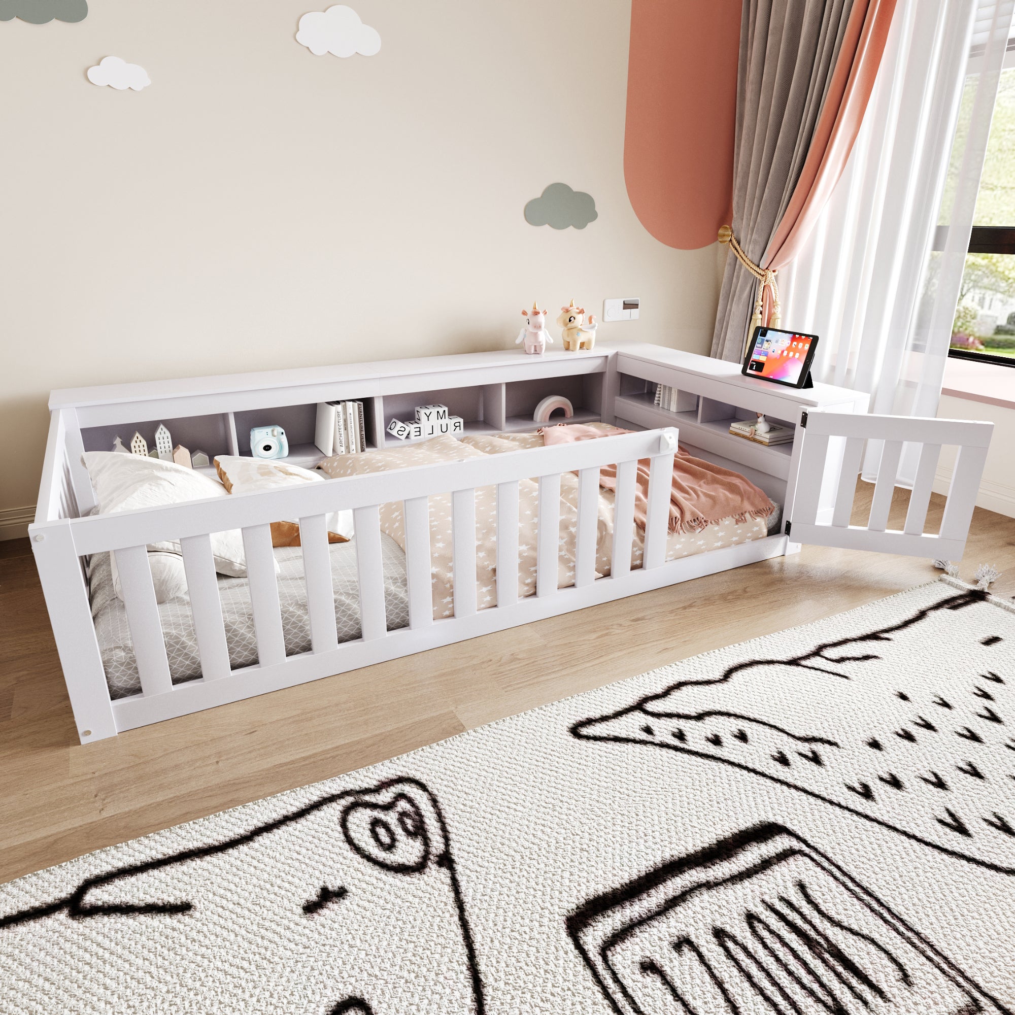 Multifunctional Children's Bed 90 x 200 cm, Storage, Safety Gate, Solid Wood, White