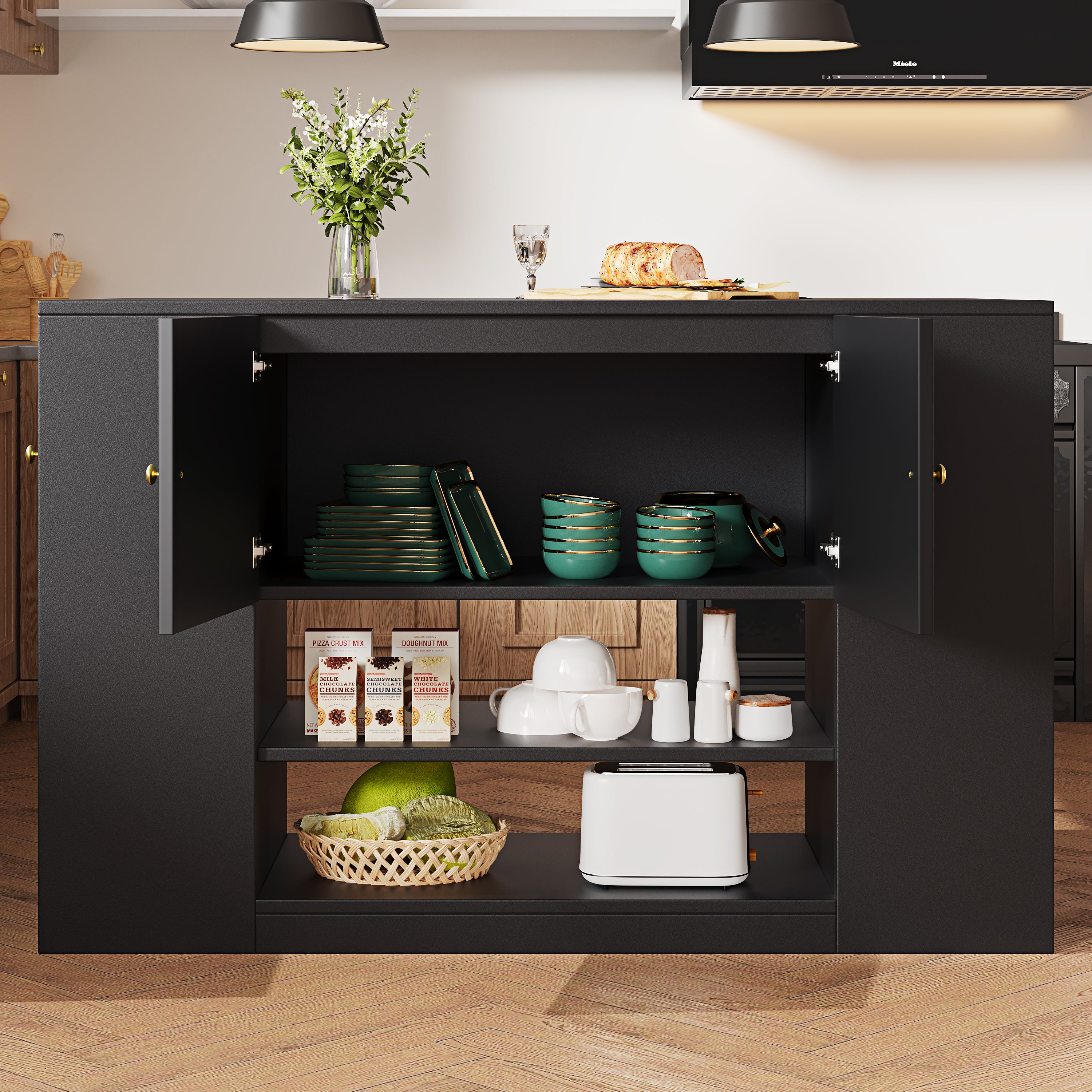 Modern Kitchen Island Cabinet Drawers Shelves Buffet Storage - Black