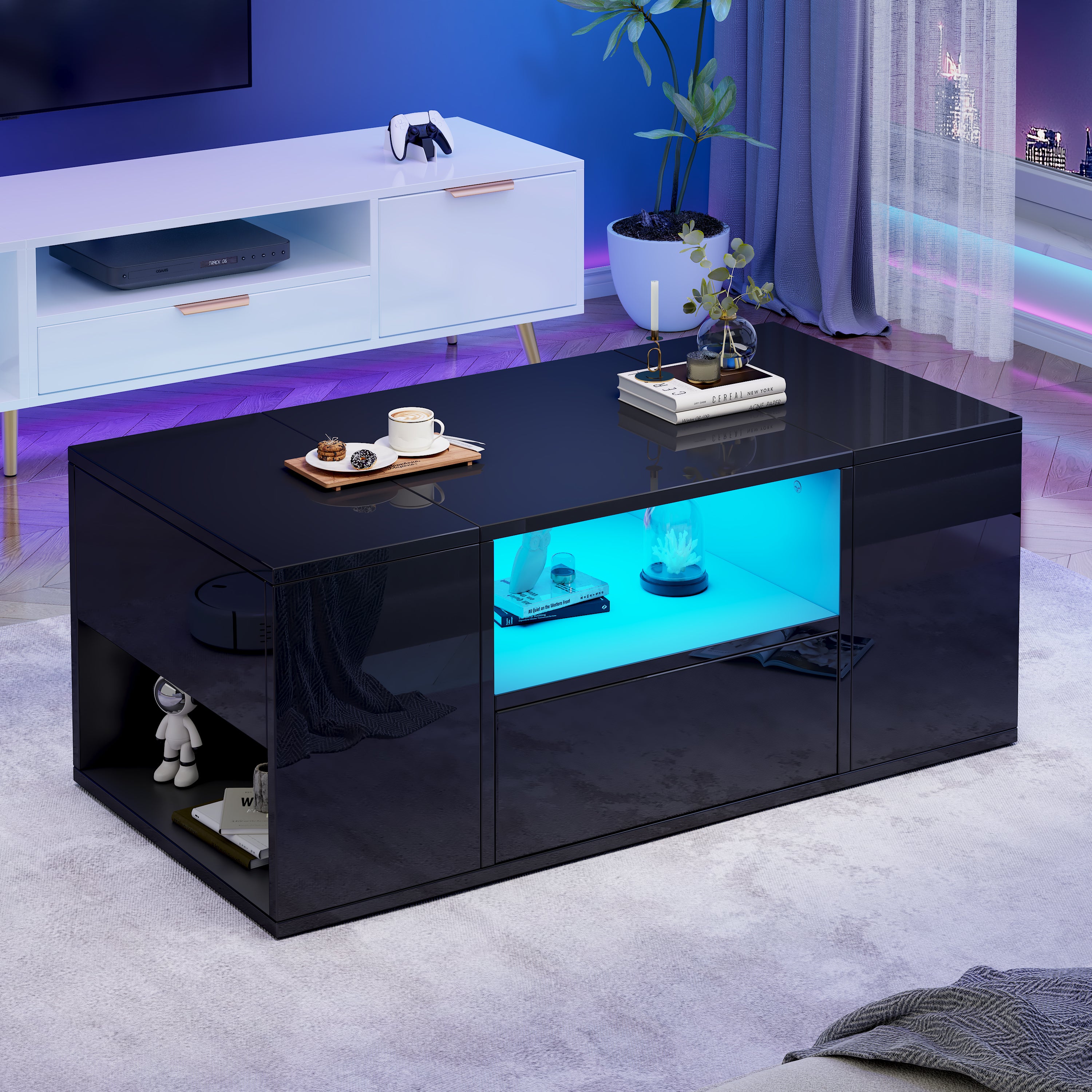 Coffee Table 100x50x40cm High-Gloss LED 1 Drawer 2 Cabinets - Black