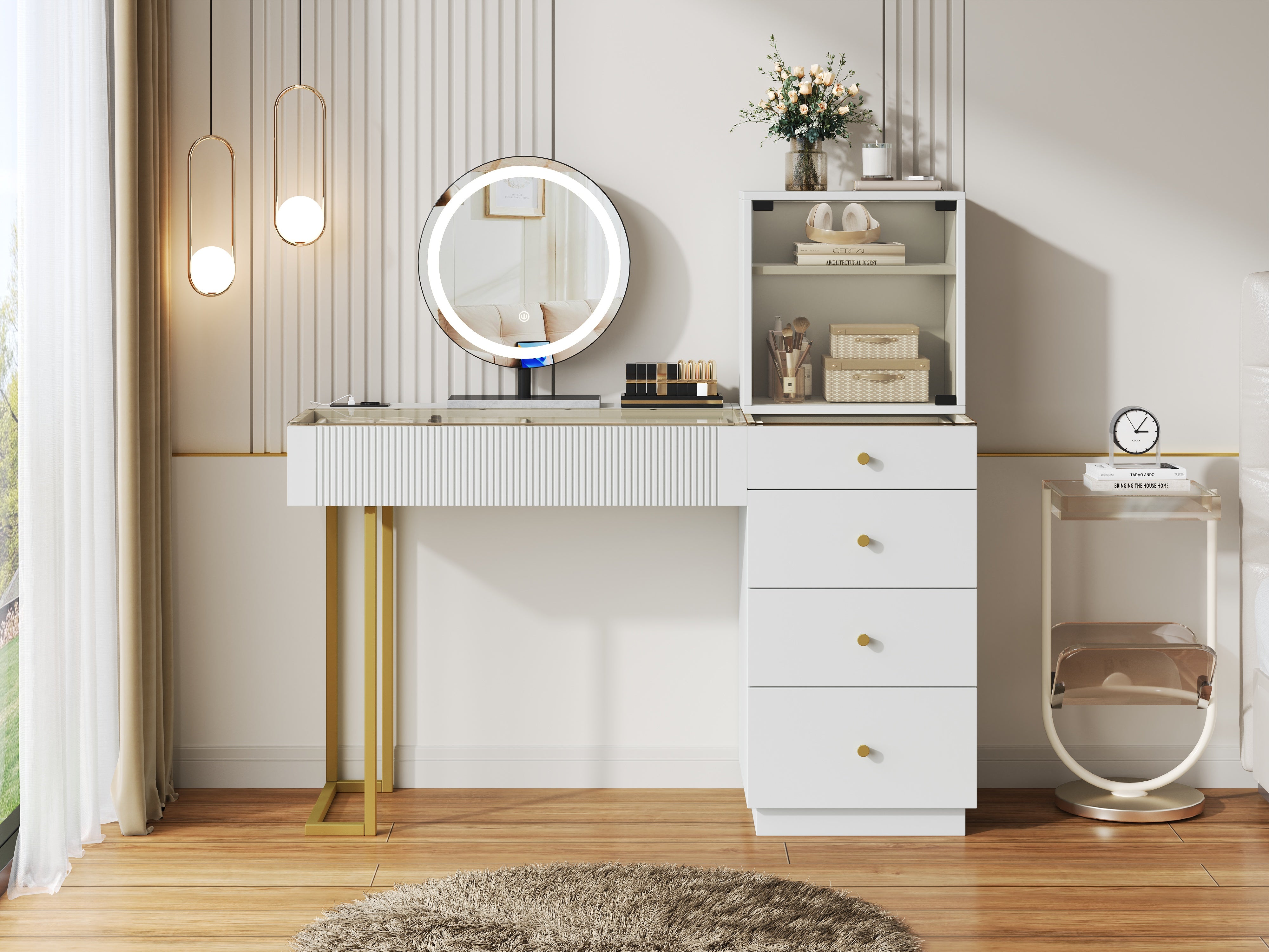 Dressing Table Set with LED Mirror and Glass Top, White