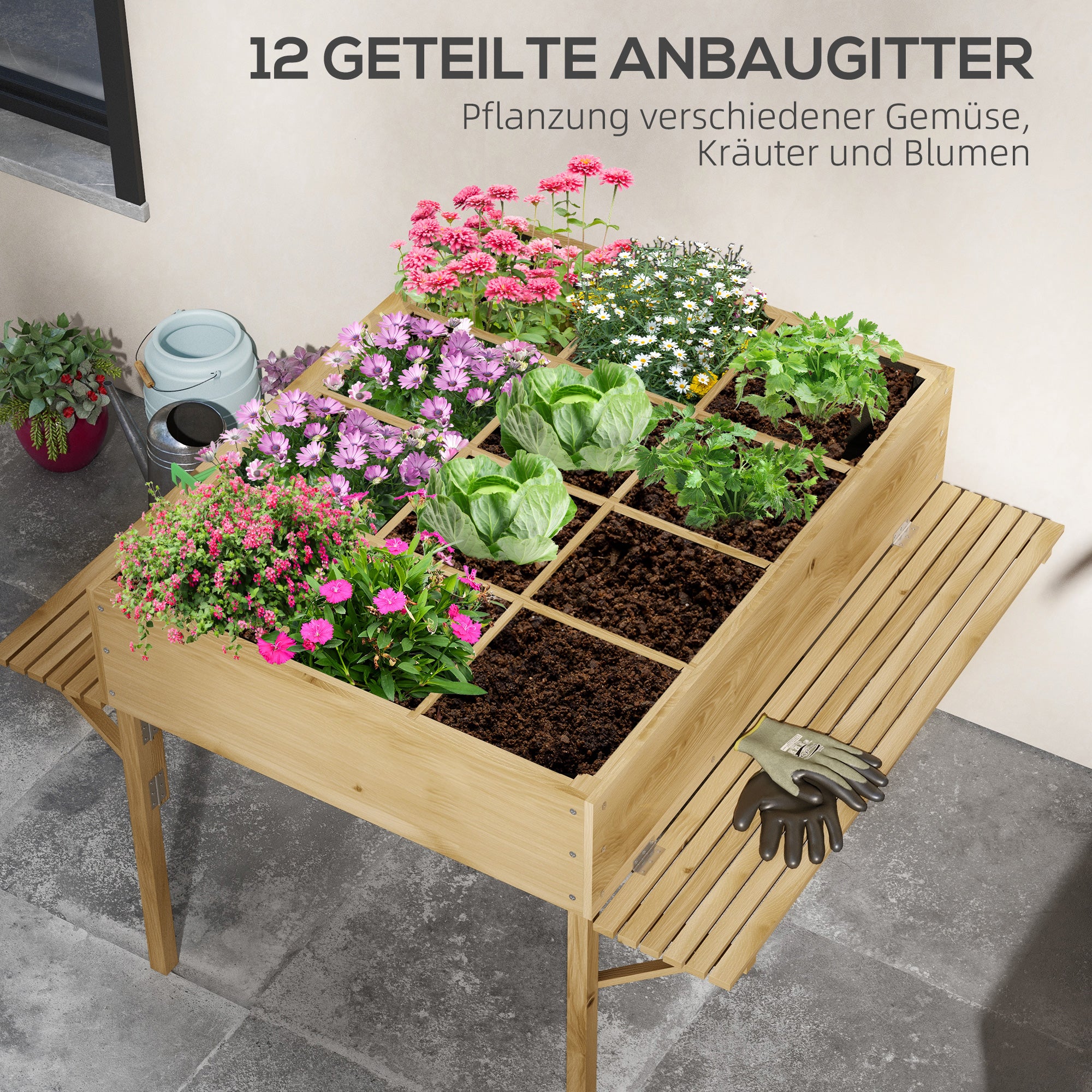 Raised Bed, Foldable Cold Frame, 12 Dividers, Natural Wood