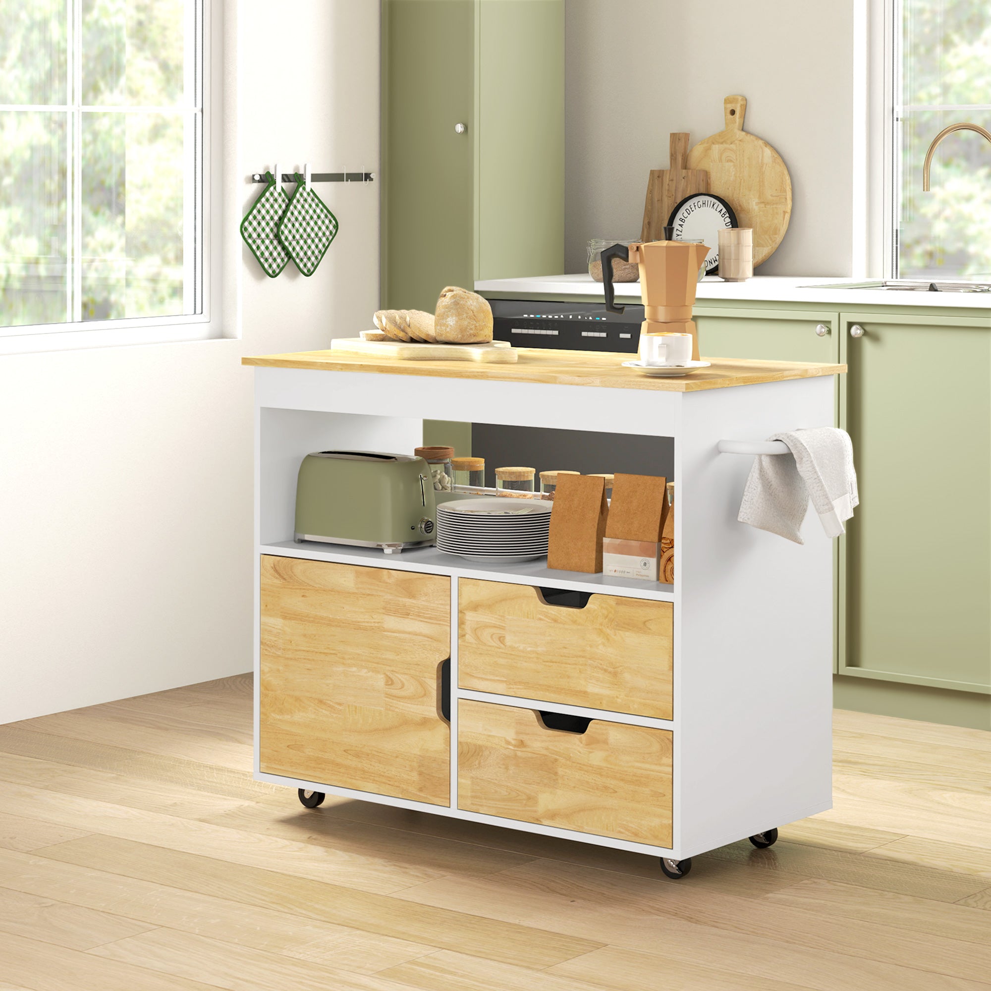 Kitchen Cart with Drawers, Cabinet, and Handle, Oak