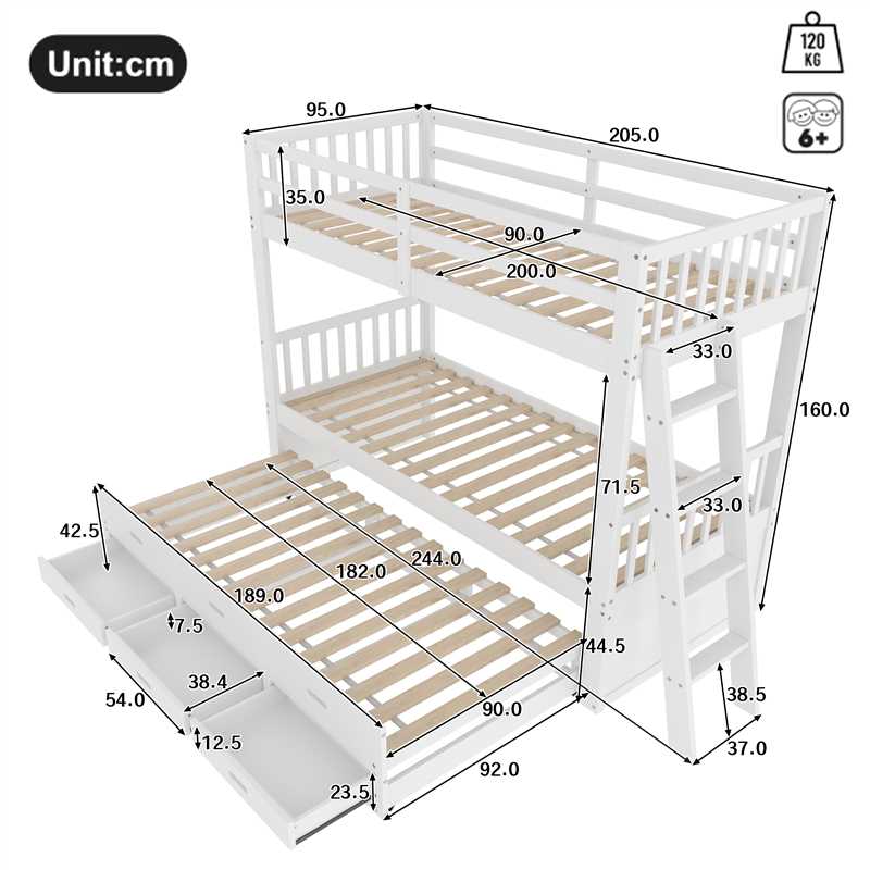 Bunk Bed 90x200cm House Bed with Ladder, Pull-Out Bed & 3 Drawers, White Pine Wood & MDF