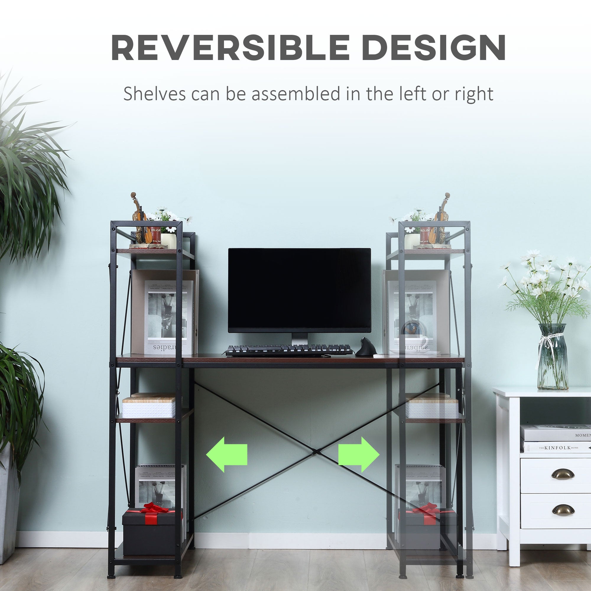 Computer Desk with Storage Shelves Reversible Industrial Style, Walnut and Black