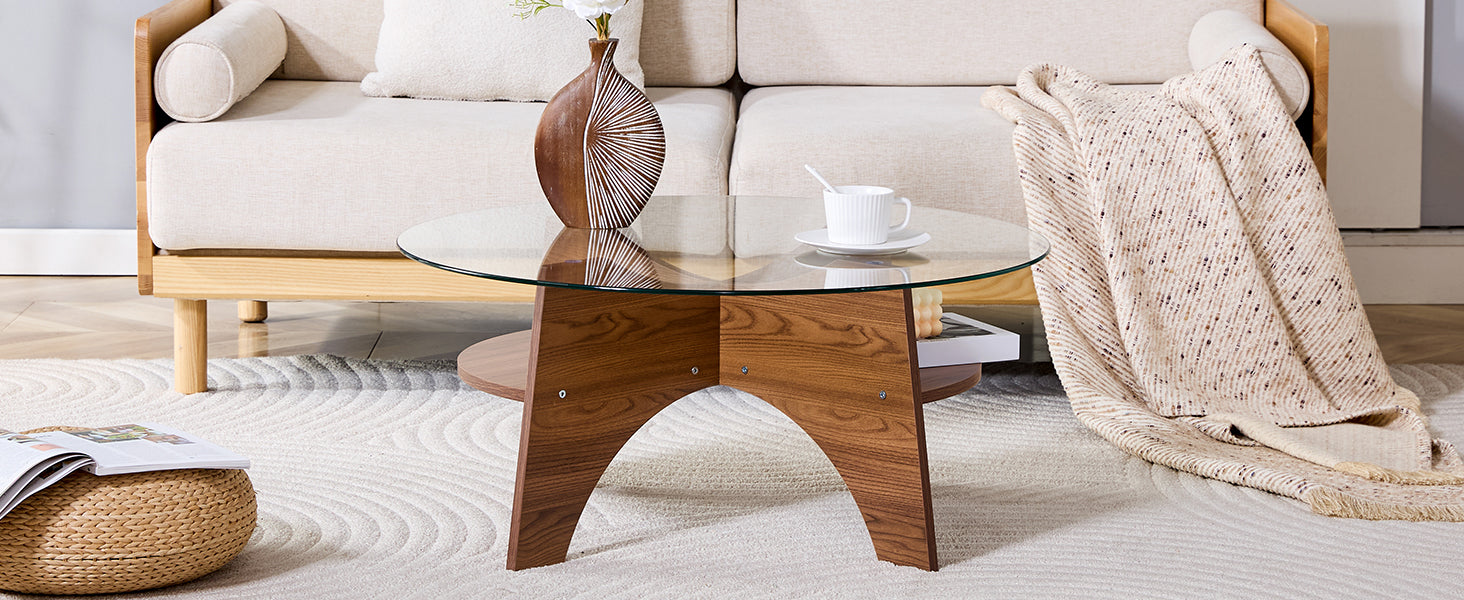 Round Side Table Ø 80 cm Safety Glass Top Multifunctional Walnut-Finish MDF