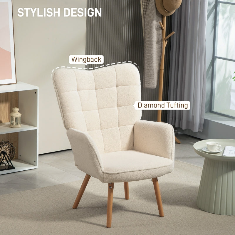 Modern Accent Chair, Tufted Wingback Armchair with Wood Legs, Cream White