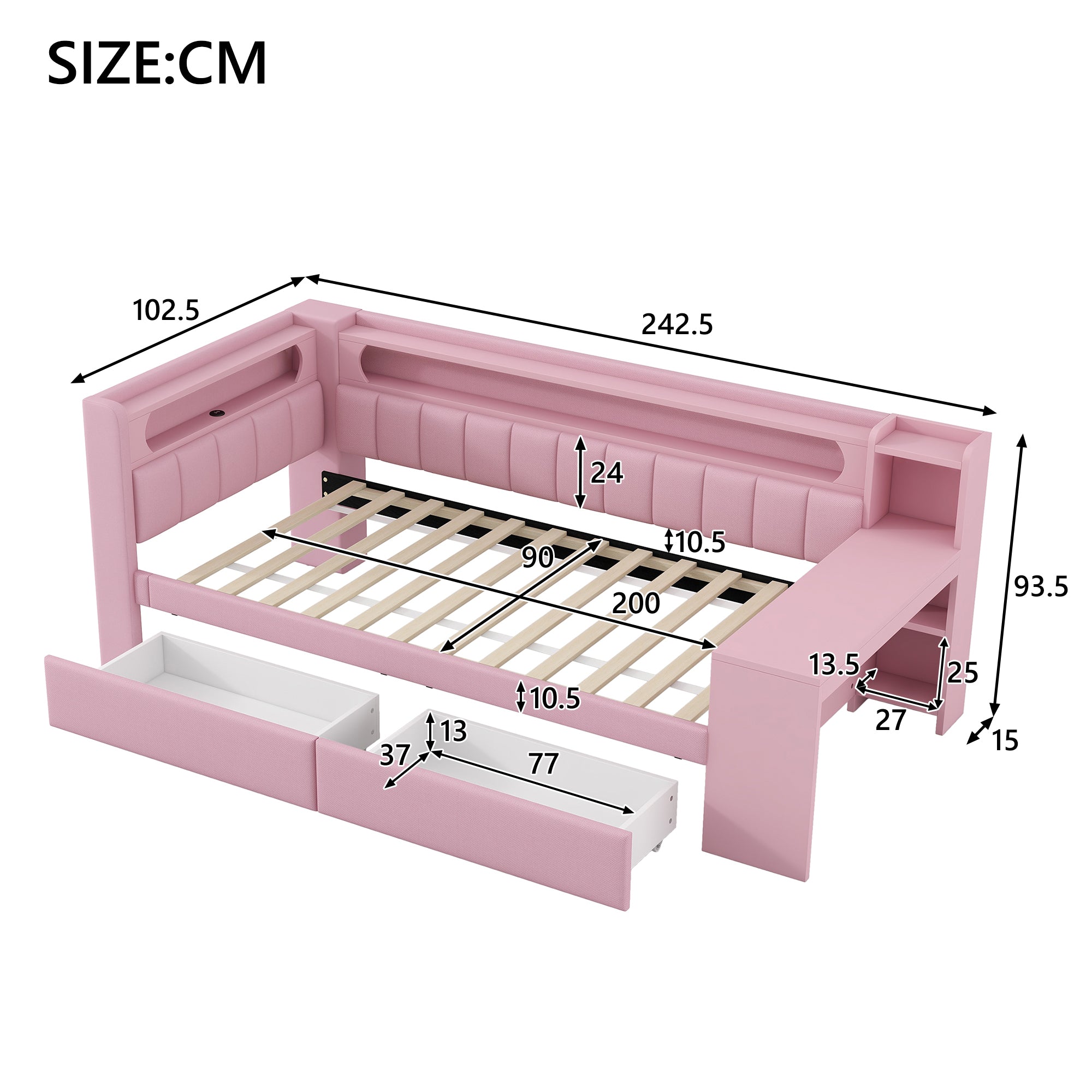 Upholstered Daybed 90x200cm USB LED Desk 2 Drawers - Pink