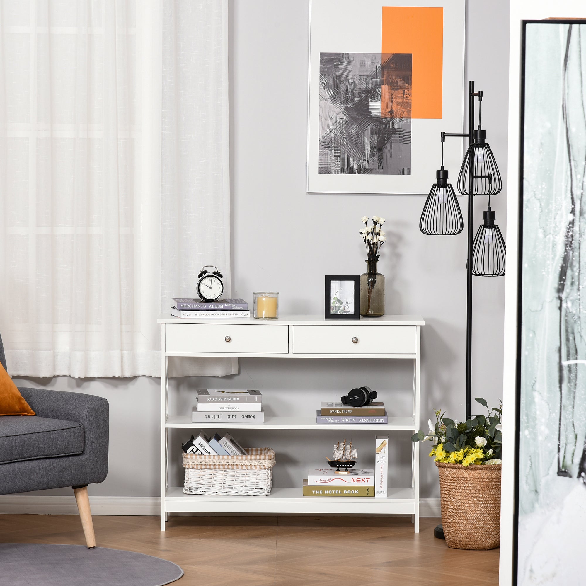 Console Table Side Desk with Shelves Drawers X-Frame, White