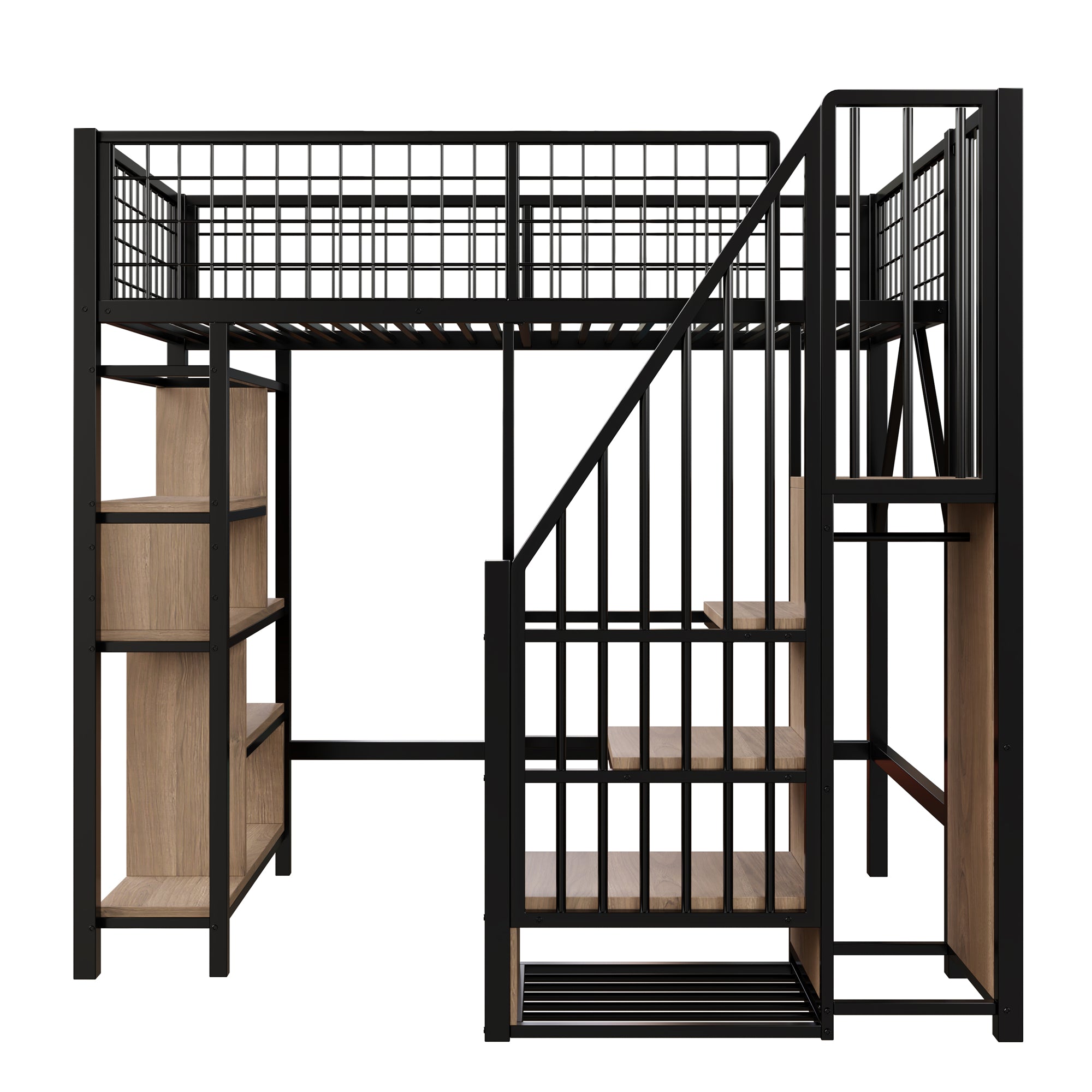 Loft Bed, 90 x 200 cm, Storage, Shelves & Stairs, Metal Black