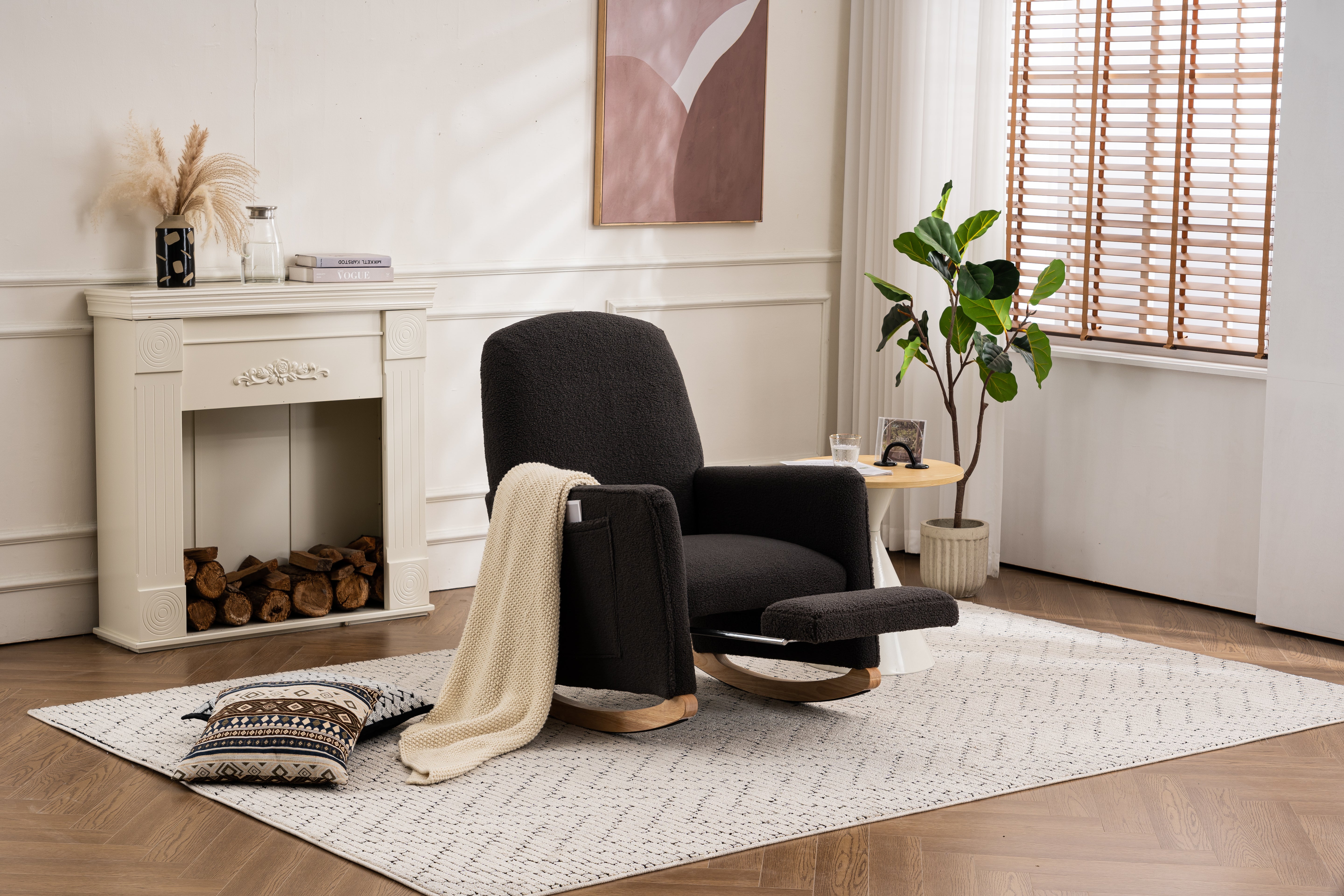 Rocking Chair with Stool, Recliner, High Back, Dark Grey Teddy Fabric