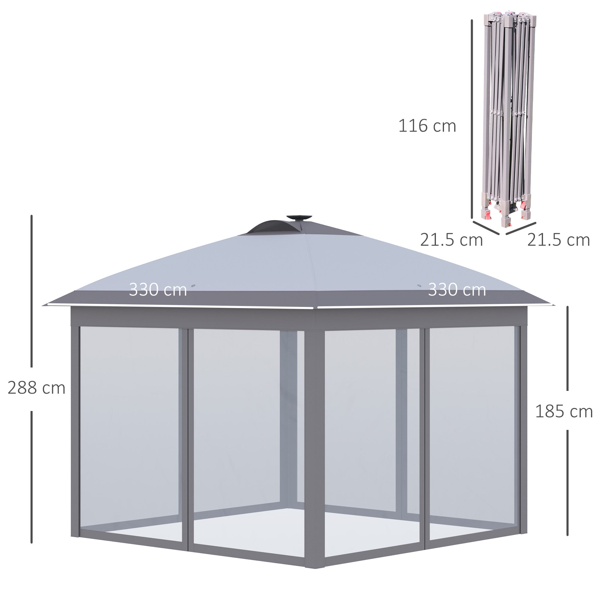 Folding Gazebo 3.3x3.3m Pop-Up LED USB Mesh Side Panels, Grey Oxford Fabric