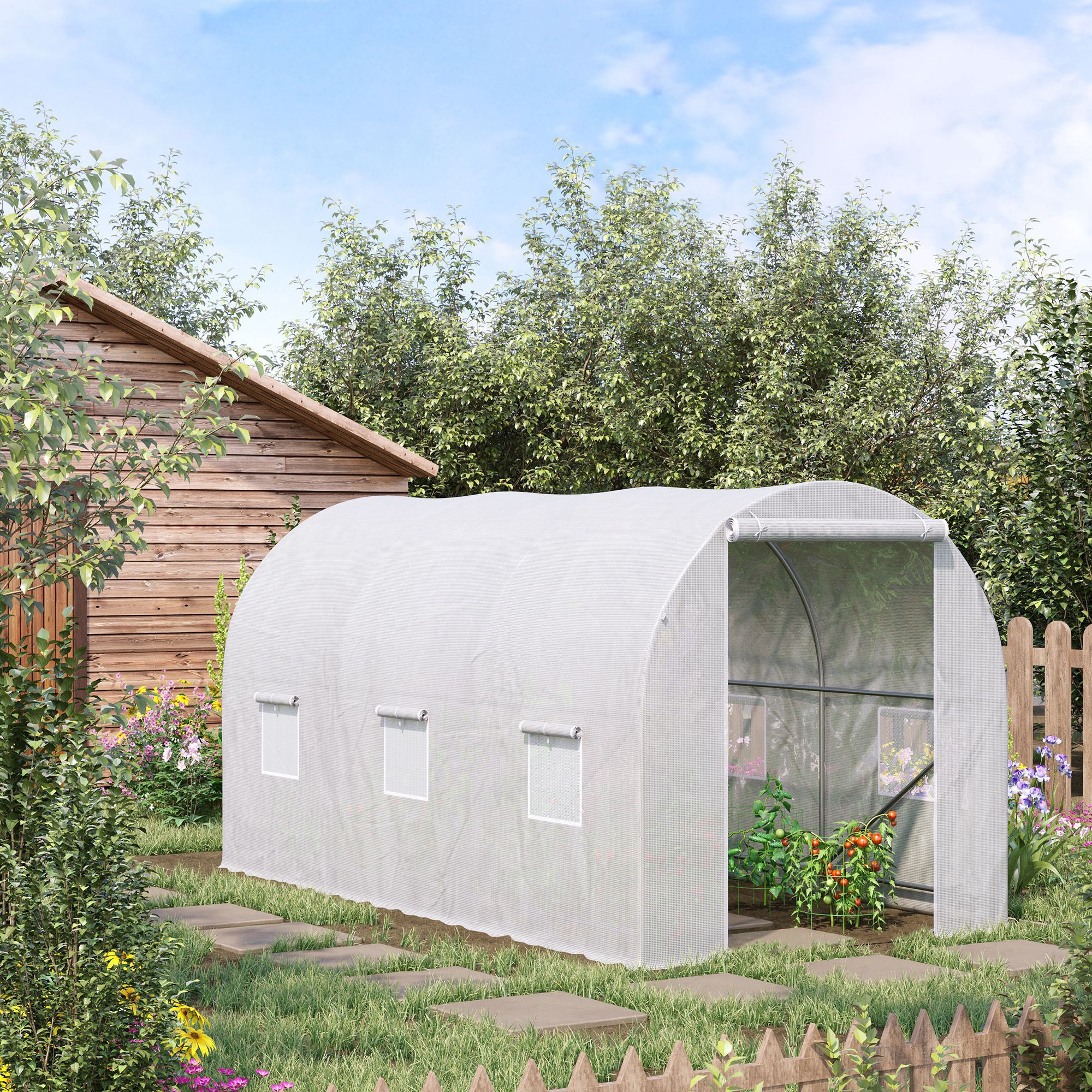 Polytunnel Greenhouse, 3.5 x 2 x 2 m Walk-in with Mesh Windows, Galvanised Steel, White