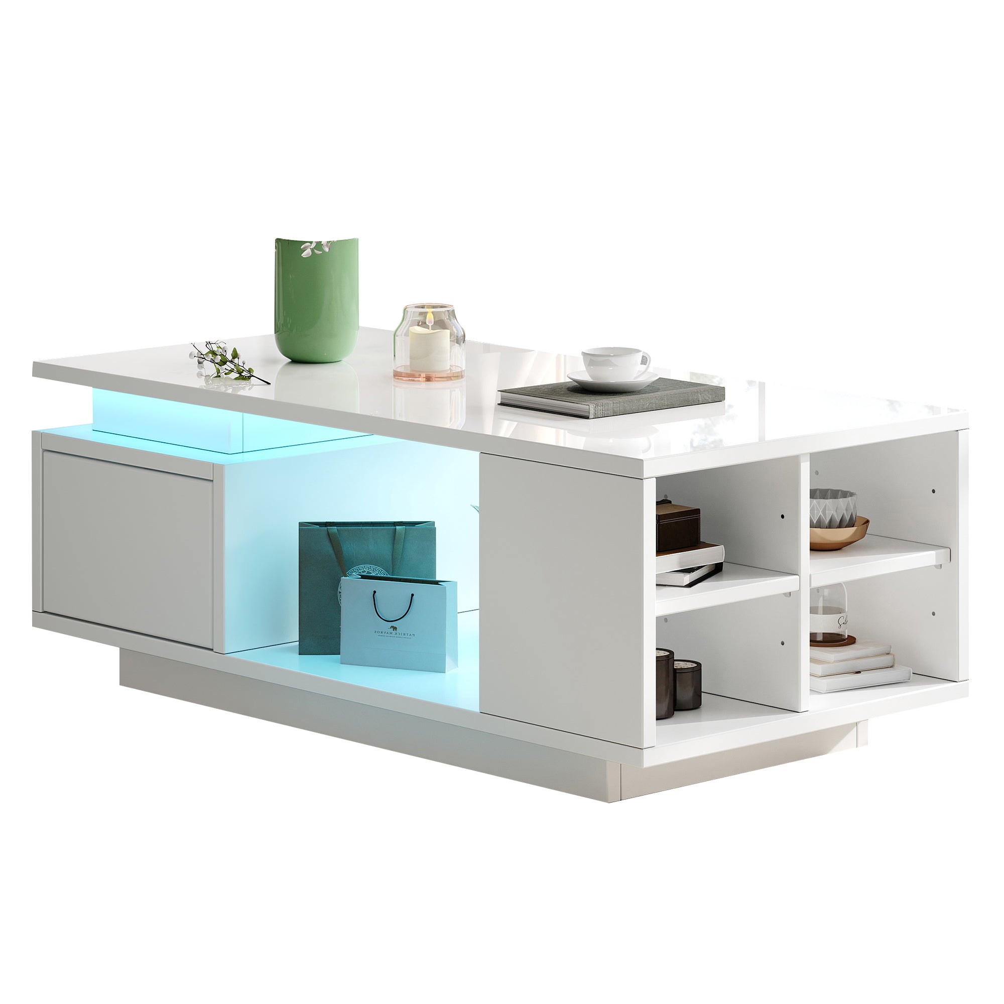 Coffee Table 100x50x36cm High-Gloss LED Side Table with Drawer and Storage White
