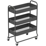 Kitchen Trolley 3 Baskets 4 Wheels - Metal Black