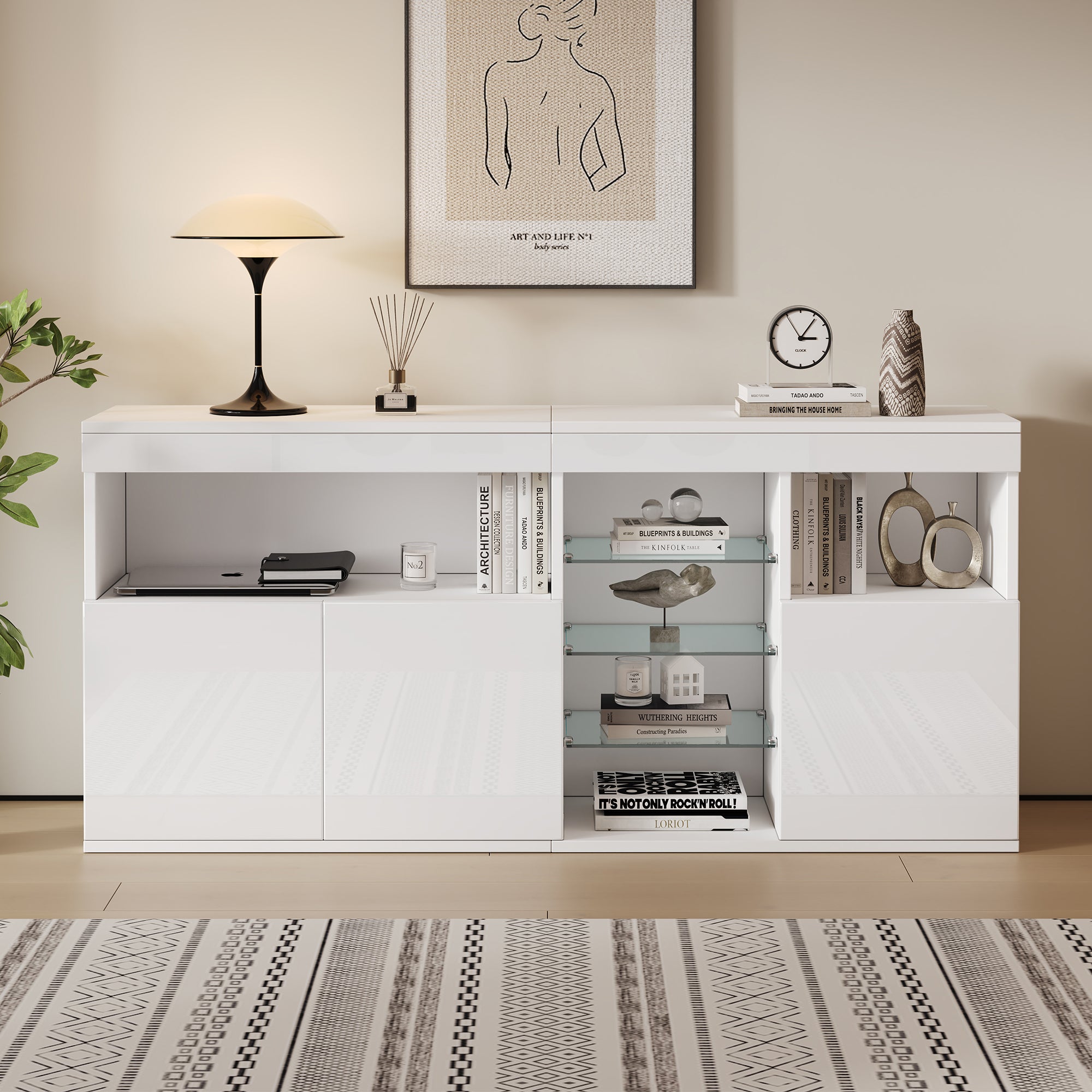 Living Room Cabinet Sideboard 155.5x35x72cm High-Gloss LED 3 Doors White