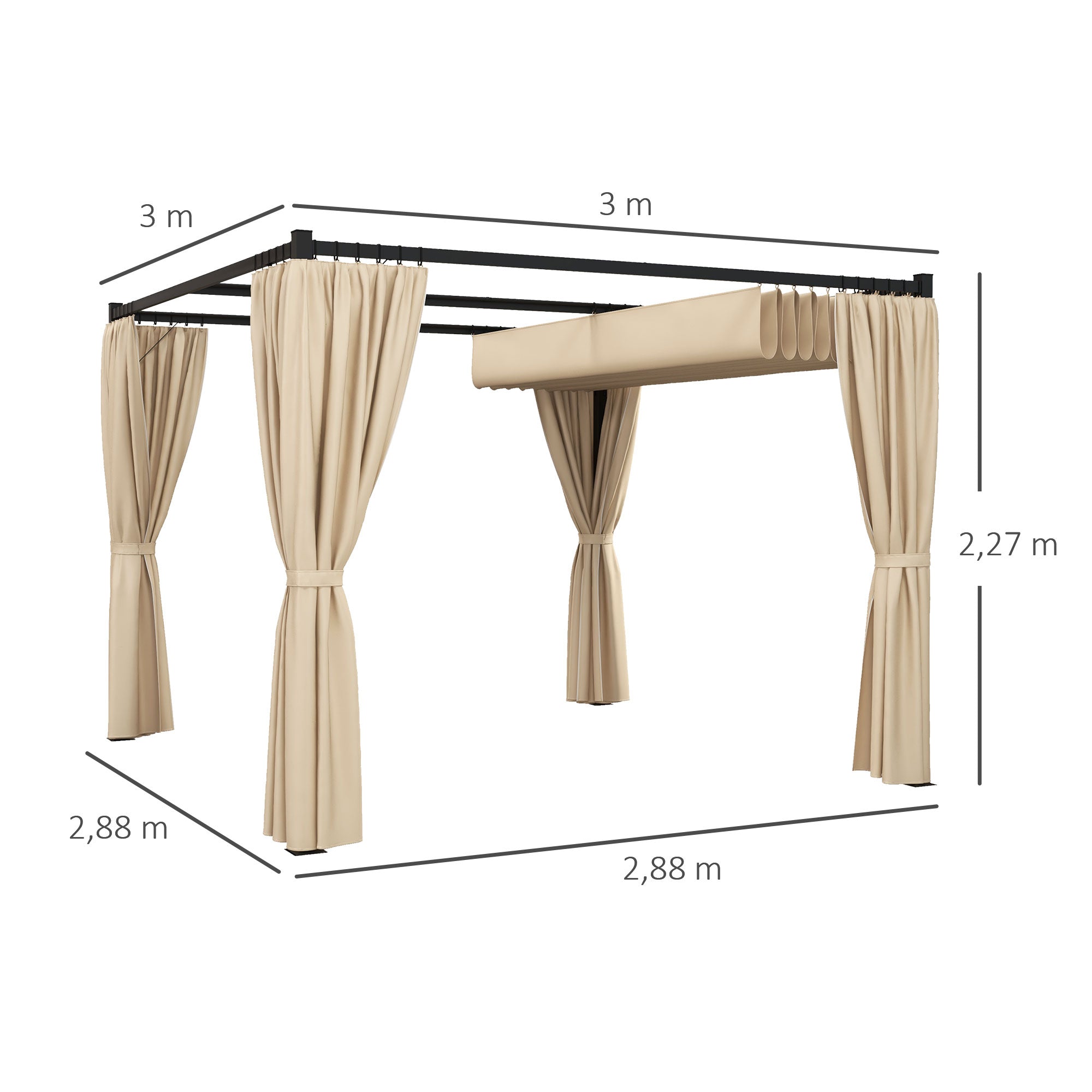 Retractable Pergola 3x3m Garden Gazebo Shelter with Curtains, Beige