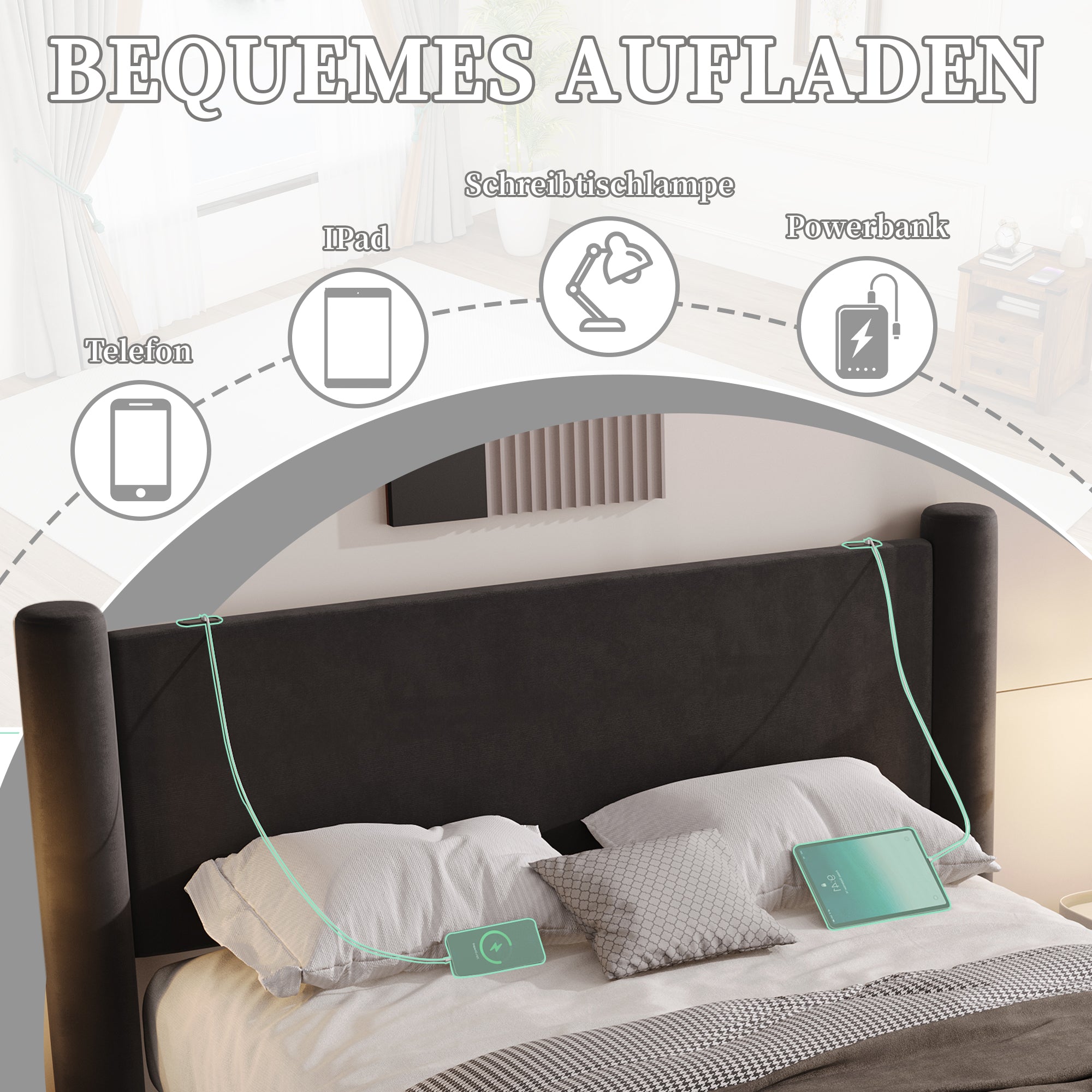 Bed Frame, 160x200cm, 3D Column, Padded Headboard, 2 Storage Drawers, USB, Black