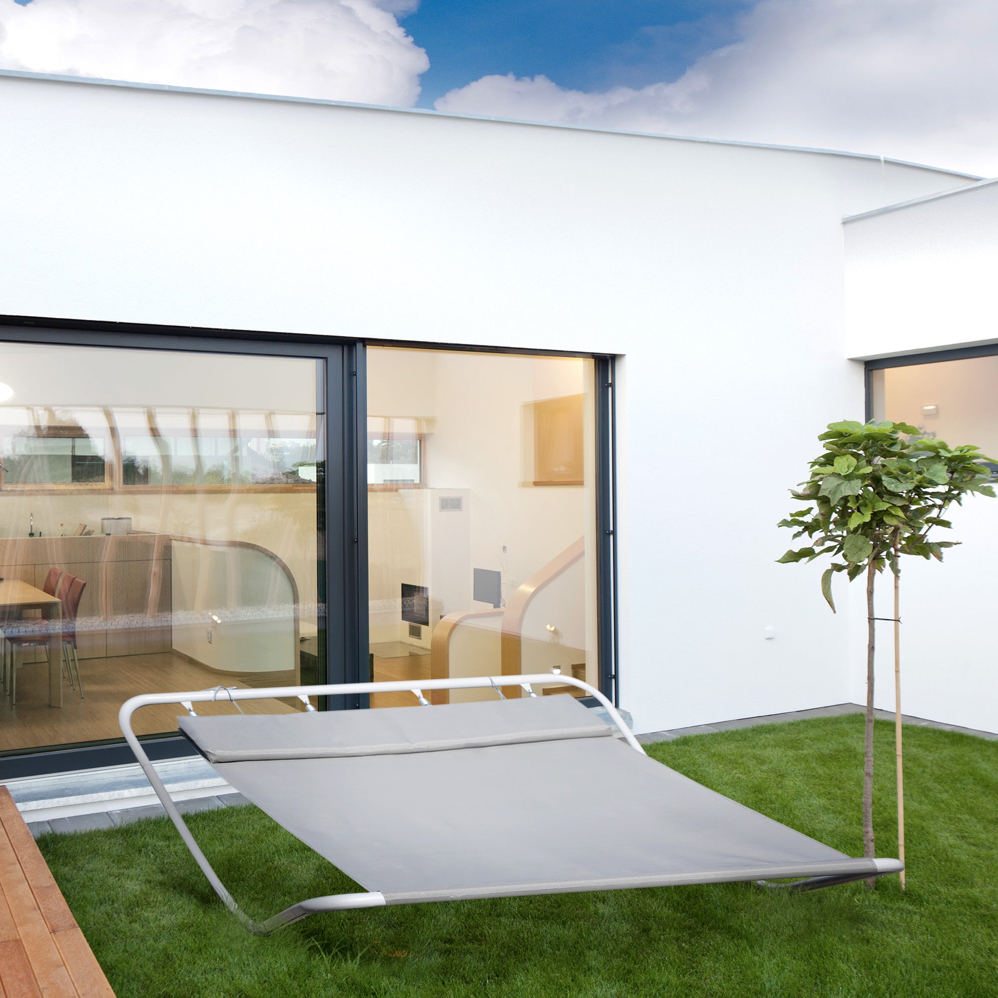 Rocking Sun Lounger, Double Sunbed with Headrest Pillows, Grey Texteline