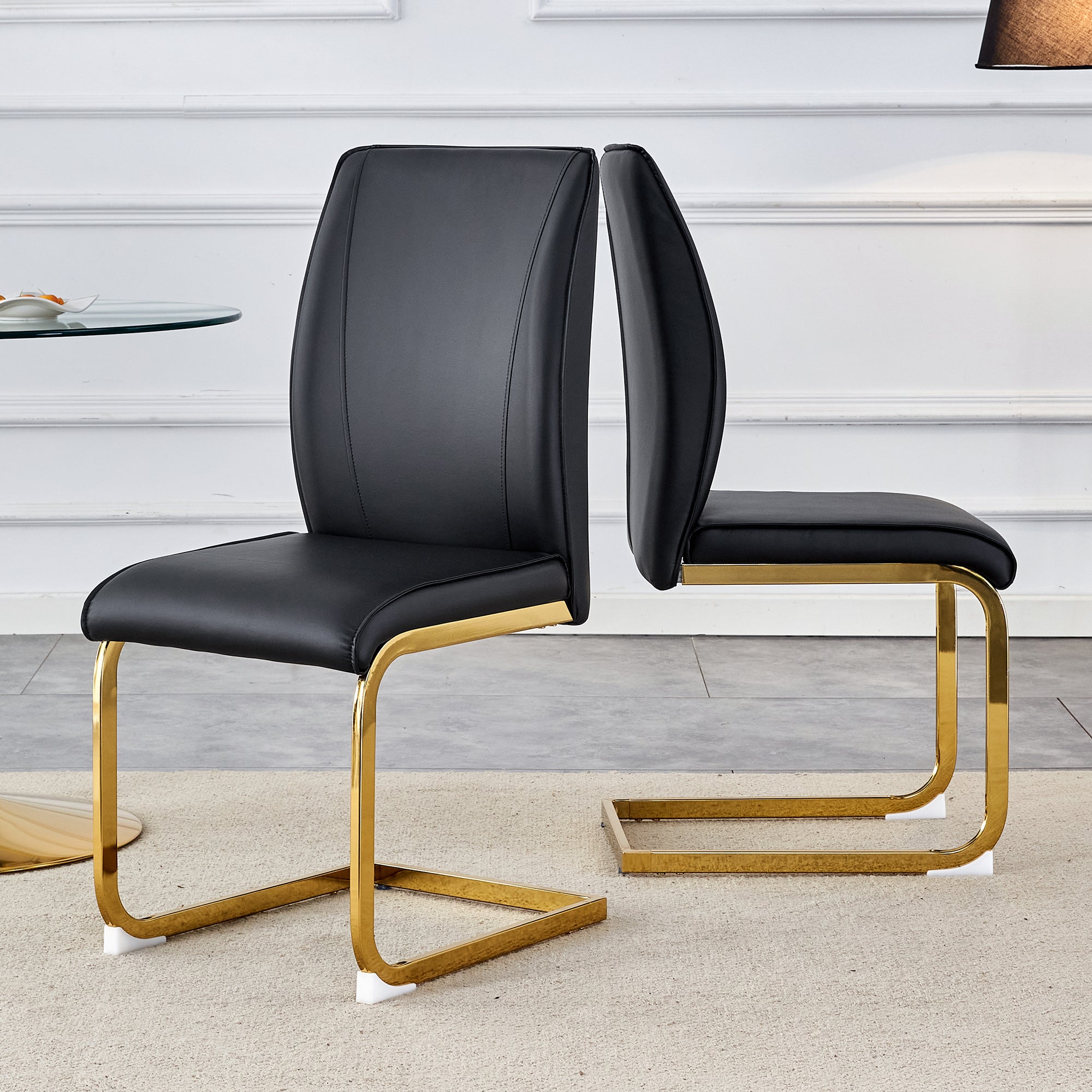 Dining Chairs, Elegant European Design Comfort Cushions Golden Metal Black PU