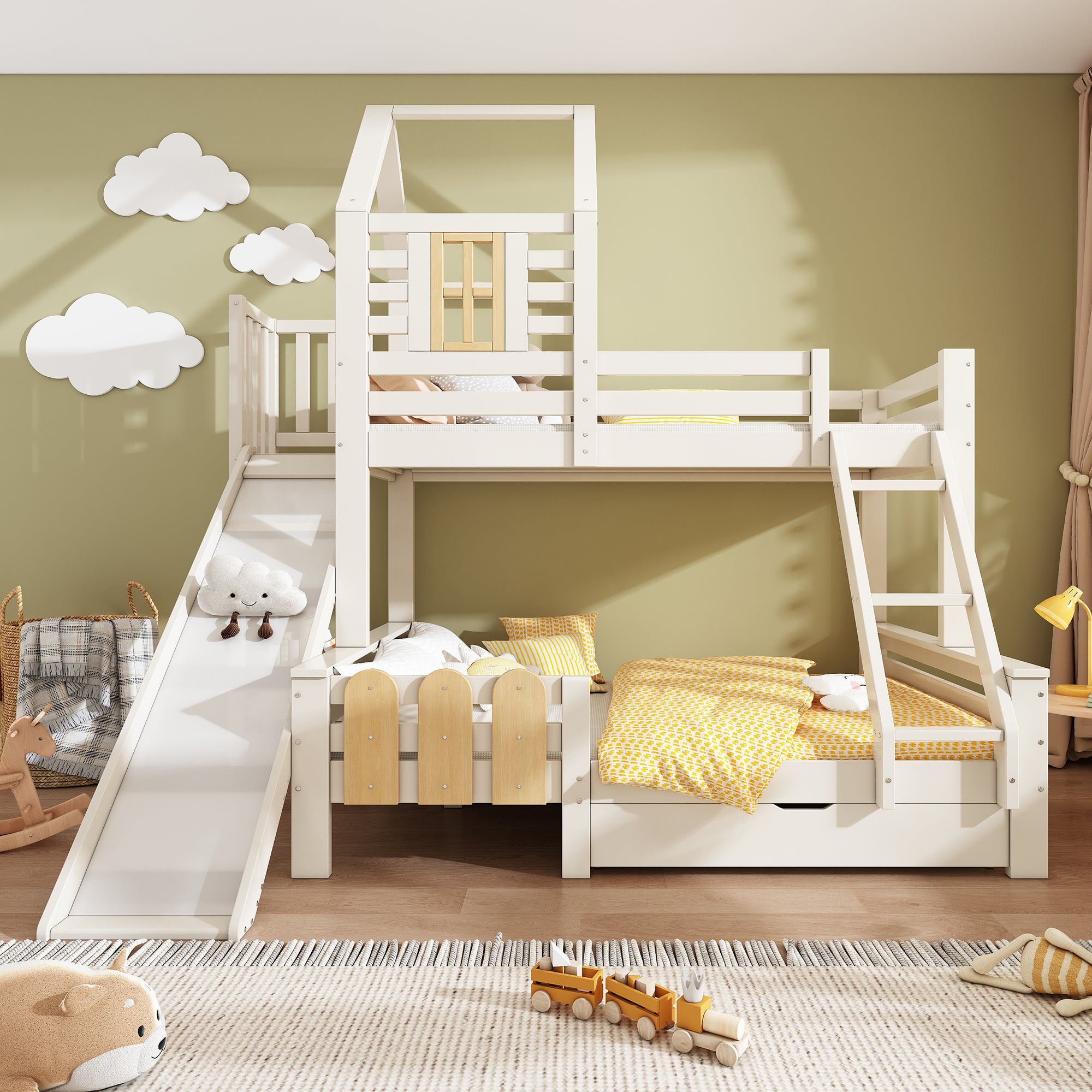 Bunk Bed, 90x200 & 140x200cm, House Loft with Drawer & Slide, Log Cabin Design