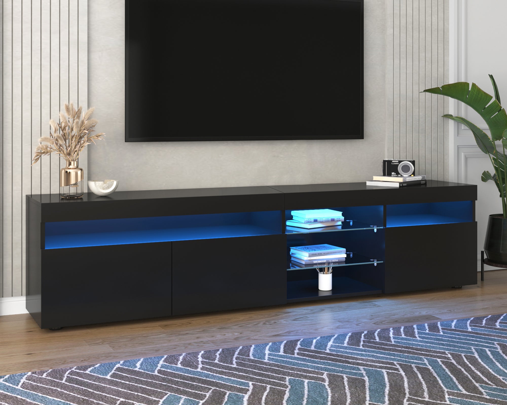 TV Cabinet, Modern with Bright Panel & LED Lighting, 180cm Black