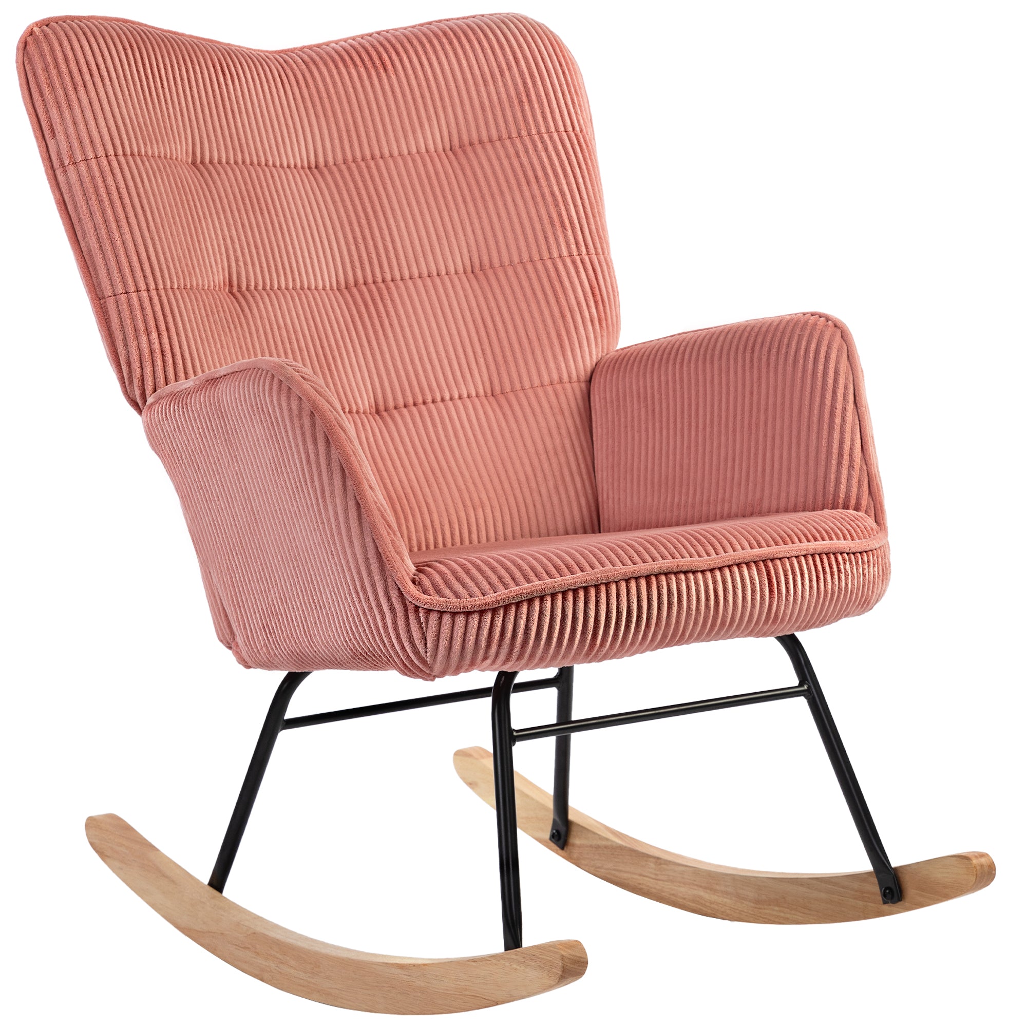Rocking Chair Armrest Wooden Runners Recliner, Corduroy Pink