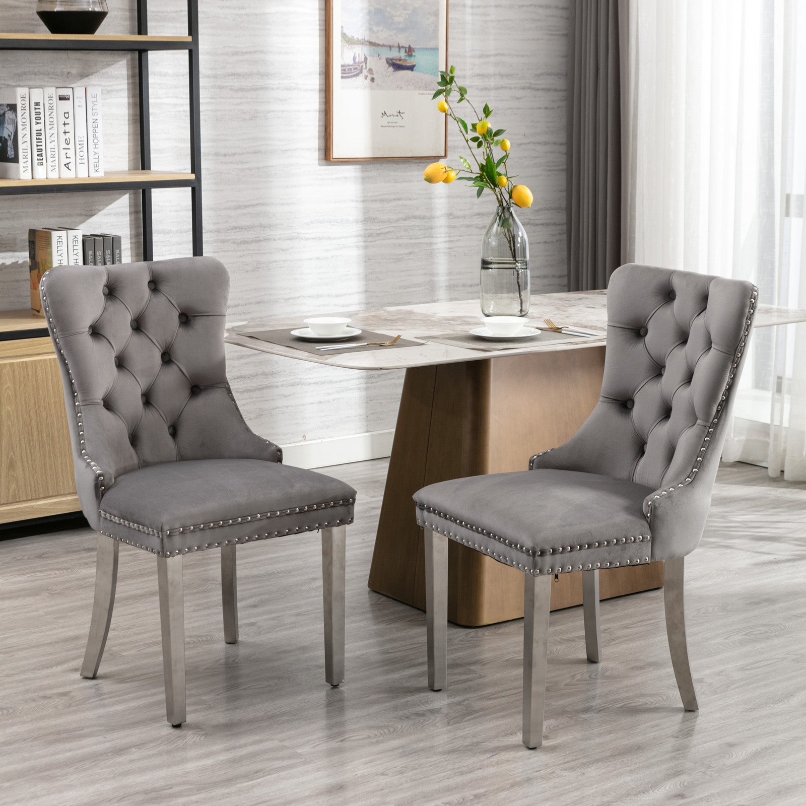 A&A Furniture Nikki Collection Tufted Velvet Dining Chair Set of 2, Gray and Chrome