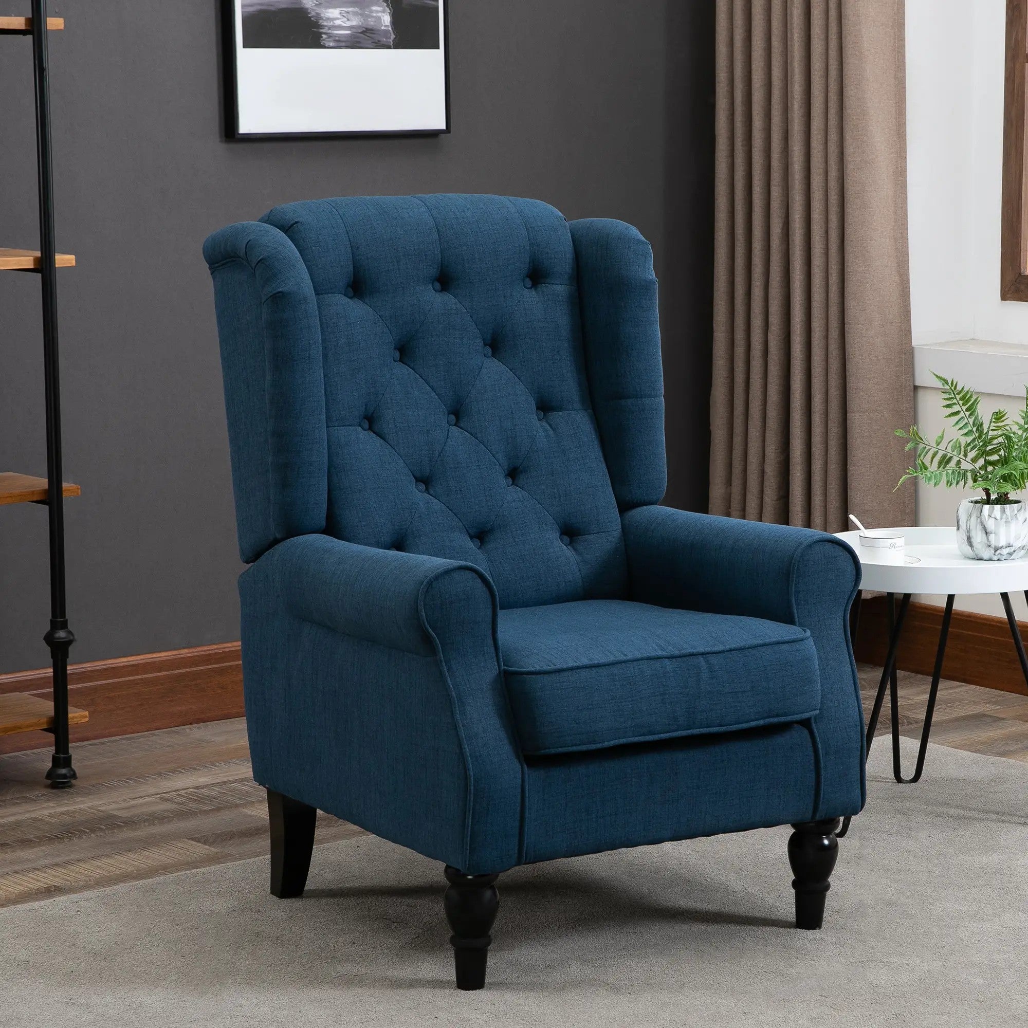 Tufted Wingback Chair High Backrest Rounded Armrests Wooden Legs Blue