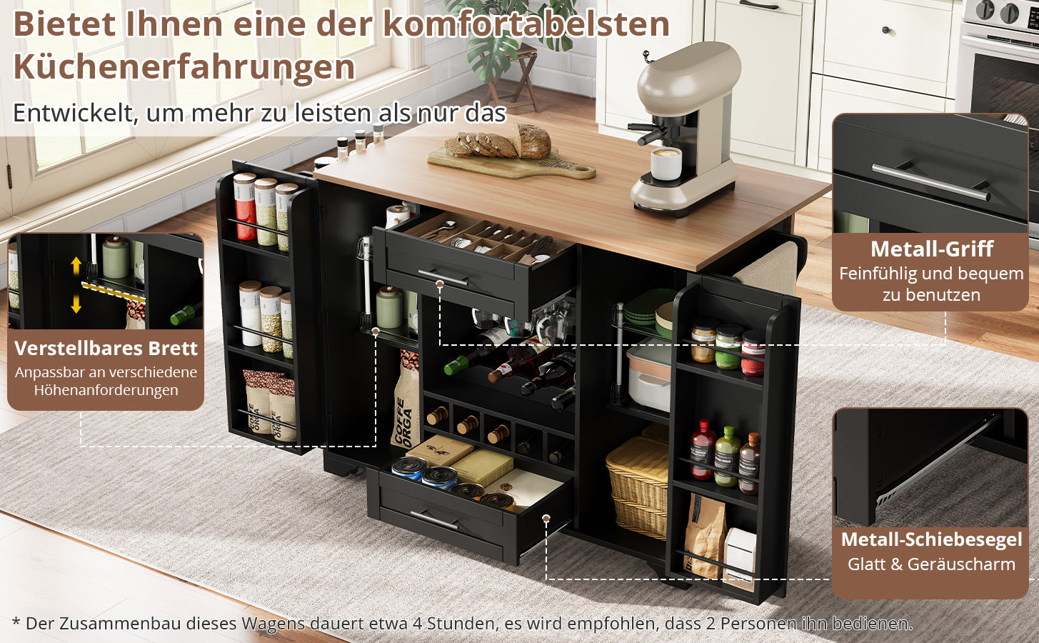 Kitchen Island Cart Folding Worktop Wine Rack Storage - Black